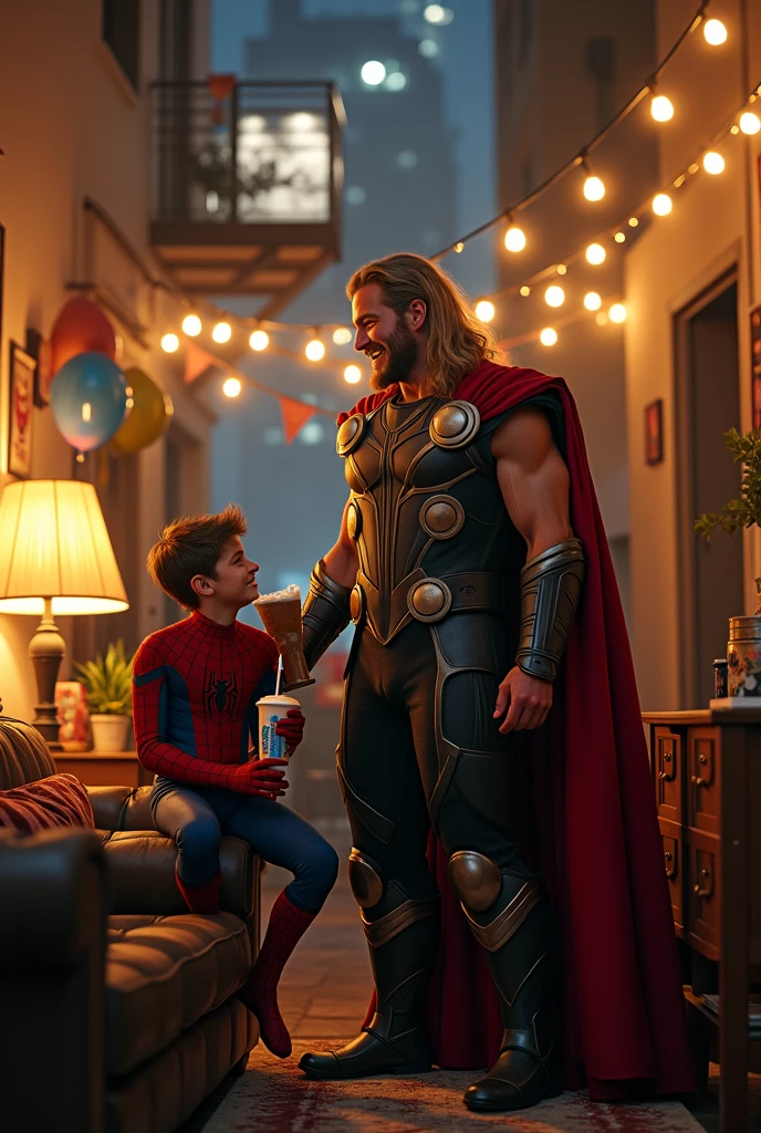 Chris Hemsworth’s Thor dying in the arms of Tom Holland’s spider man on an open field by the Pacific Ocean filled with reflecting water