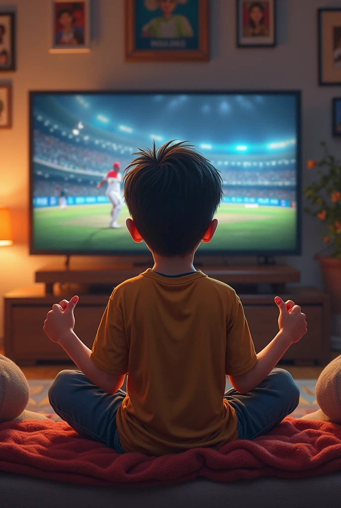 A handsome boy sitting on the bed and see cricket in telivision