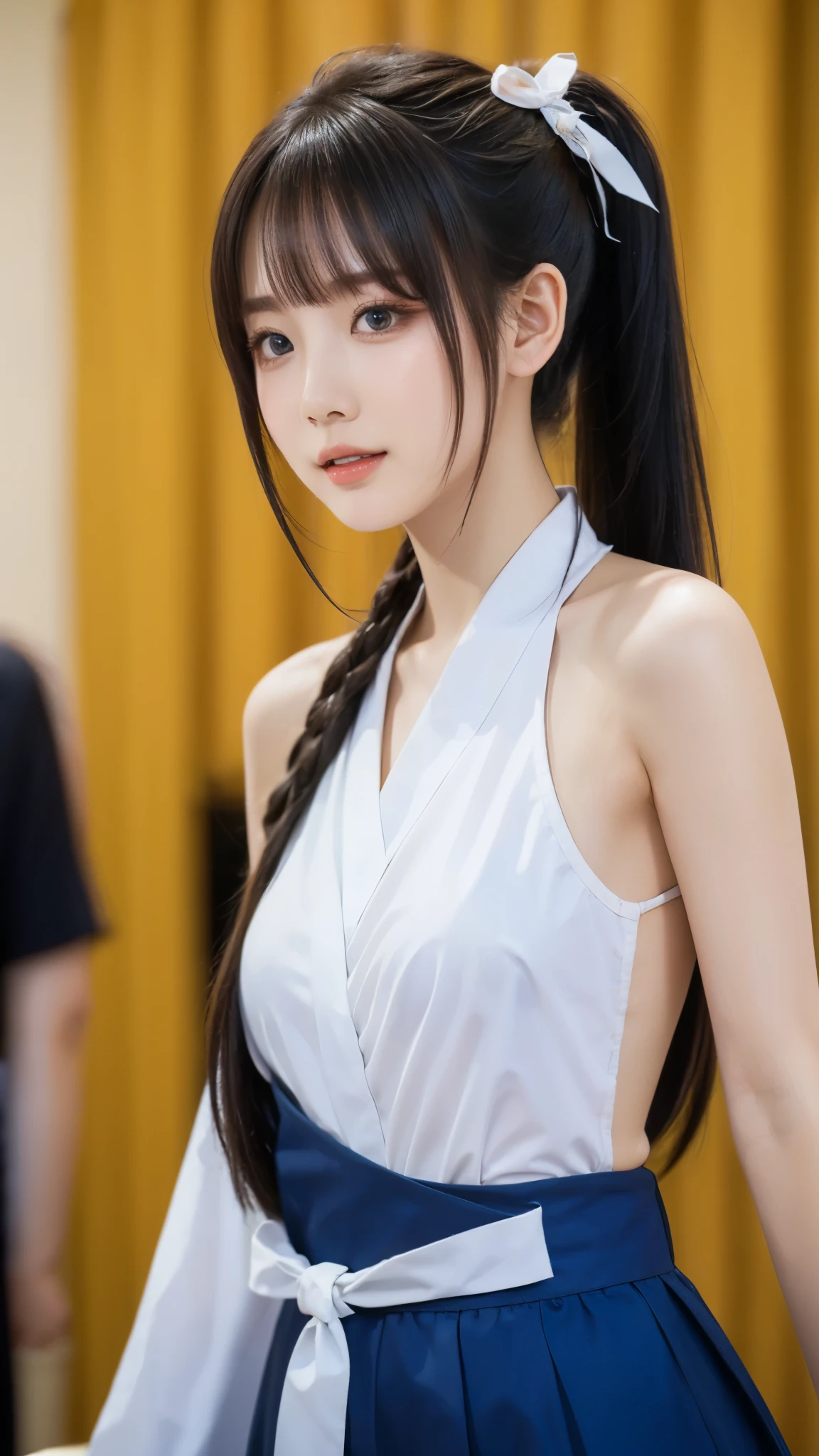 (( stylish hair :1.3)), photorealistic:1.32、best quality、ultra high definition、the most beautiful Japanese girl pictures、 CUTE AND BEAUTIFUL FACE DETAILS、Xiaoyan、(Purelos Face_v1:0.008)、美しいbungs、、Shine, fair, growing skin、((One person)), hair entangled in the face 、顔まで伸びるbungs、bungs、hair between eyes、Lower body in panties、 bright、(tight waist:1.2), 澄んだ瞳が魅力的にShine、dynamic pose、best quality、 disorganized 、((the cutest girl in the world))、Japanese、((super idol costume with ribbon:1.4))、(ponytail:1.3)、( ties with thin white ribbons )、cute and cute、 let me eat 、((A facial expression that tempts the opposite sex))、Chest、(Highlighted Small Breasts:1.3、Beautiful sideboob:1.3)、(cute standing pose that is making Ku:1.ide tail、brown hair、constricted、beautiful eyes in every detail、viewers、upper body、face close-up、Front Map、(detailed hands:1.3、perfect right hand:1.2), (美しいXiaoyan, High nose, Beautifully shaped lips )