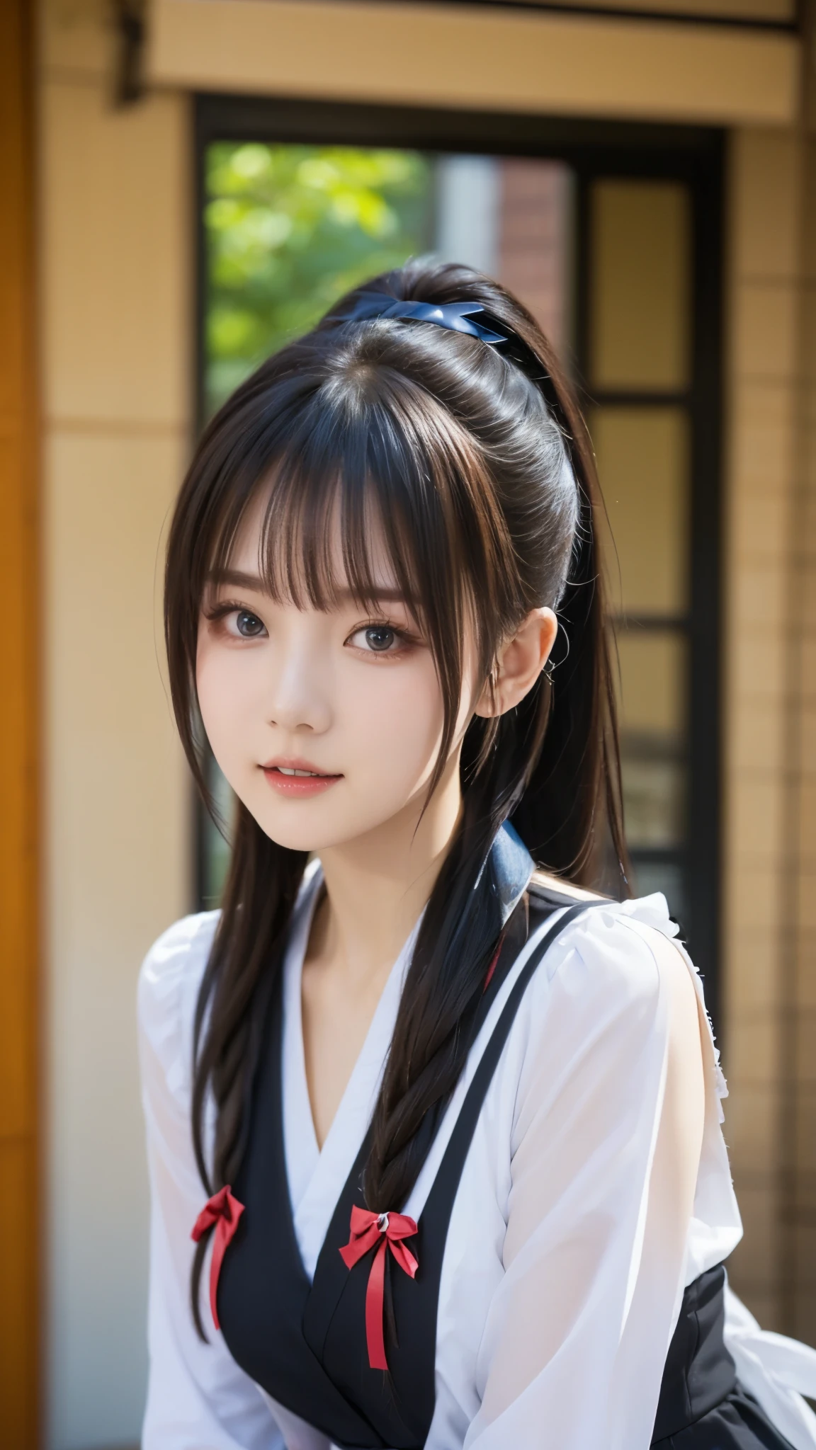 highest quality、Realistic、girl、14 years old、Japanese、night、full moon、moonlight、zoom、cute、Full make-up、Black Hair、Red eyes、ponytail、Ninja、White ninja outfit、Grim face、Looking down、Bust Shot、