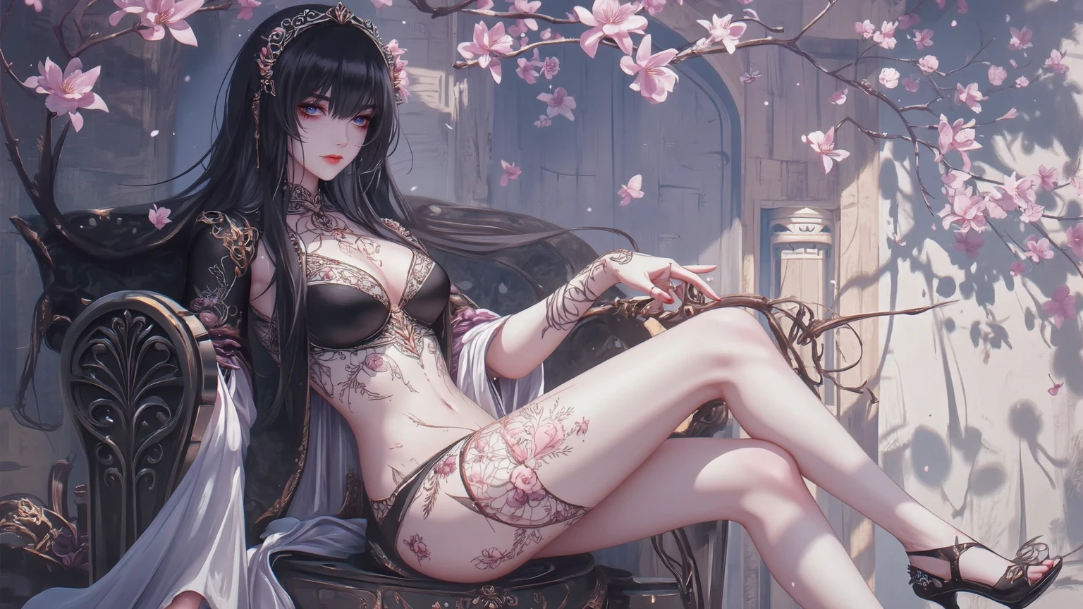 ((highest quality)),(ultra high resolution),(Super detailed),(detailed description),((best CG)),(best work of art),super precision art,great drawing art,(Art with precise details:1.5), (one female demon:1.8),(beautiful and well-shaped face:1.5),(Snake's Eye:1.5,(flashy makeup:1.6),(bewitching smile:1.6),(Exquisitely detailed lingerie:1.4),(Nasty tattoos:1.8),(Beautiful leg lines:1.5),(Provocative sexy poses:1.7),camel toe:1.5, (withered flowers:1.6),