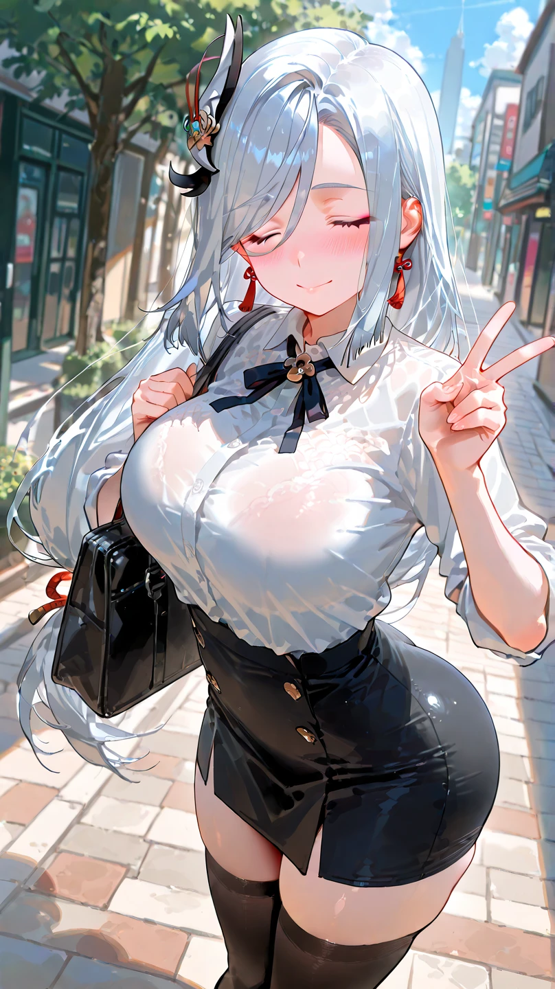 1girl, big breasts, curvy figures, smile, tie, white hairs, red eyes, white shirt, braided hairstyle, many tree background, high res, ((masterpiece))