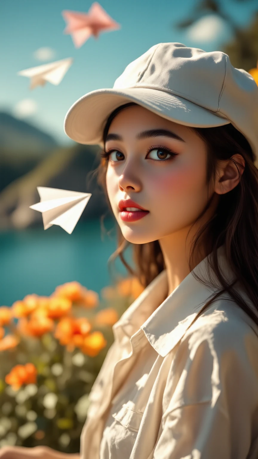 완벽한 체형의 female,huge ,paper airplane를 멀리 던지는,산 hill 풍경, 고화, professional ,Realistic,photorealistic,HDR,UHD,Studio Light,Extreme Details,Vibrant Colors,blurry background,Portrait,nature,female,Outdoor,summer,paper airplane,Blowing,hill,blue sky,cloud,beautiful in the car, Shadow