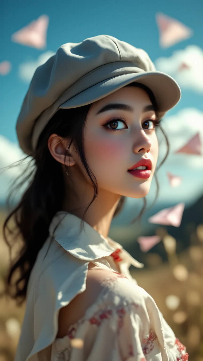 완벽한 체형의 female,huge ,paper airplane를 멀리 던지는,산 hill 풍경, 고화, professional ,Realistic,photorealistic,HDR,UHD,Studio Light,Extreme Details,Vibrant Colors,blurry background,Portrait,nature,female,Outdoor,summer,paper airplane,Blowing,hill,blue sky,cloud,beautiful in the car, Shadow
