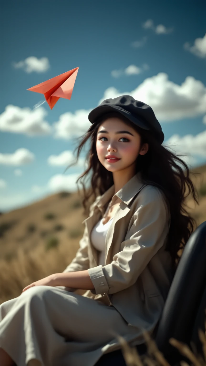 완벽한 체형의 female,huge ,paper airplane를 멀리 던지는,산 hill 풍경, 고화, professional ,Realistic,photorealistic,HDR,UHD,Studio Light,Extreme Details,Vibrant Colors,blurry background,Portrait,nature,female,Outdoor,summer,paper airplane,Blowing,hill,blue sky,cloud,beautiful in the car, Shadow