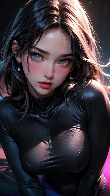 girl spacepunk,(((1girl))),((cute and beautiful black haired girl)),

(large breasts:1.4),saggy breasts,(((black wavy hair:1.35,absurdly long unkempt hair,messy hair,colored inner hair,ear breathing))),((purple eyes:1.3,upturned eyes:1.3,perfect eyes,beautiful detailed eyes,rainbow glows ultra-detailed deep pink purple eyes:1.1,gradient eyes:1,finely detailed beautiful eyes:1,symmetrical eyes:1,big highlight on eyes:1.2)),((fat)),(((lustrous skin:1.5,bright skin: 1.5,skin tanned,shiny skin,very shiny skin,shiny body,plastic glitter skin,exaggerated shiny skin,illuminated skin,wet legs))),(spider lower abdomen,narrow waist,wide hip,athletic body,inflated legs,delicate detailed fingers,detailed body,human hands,(detailed face)),

cute,slutty,seductive,erotic,(nsfw),

zettai ryouiki,revealing clothing,show skin,(wearing a mechanical space body armor:1.3,micro bikini,bare legs),with micro clothes,almost totally naked,with little clothing,tiny thong,generous neckline,((wet clothes,detailed outfit,detailed clothes)),

(dynamic pose:1.0),solo focus,embarrassed,(centered,scale to fit dimensions,Rule of thirds),

cyberpunk city by the ocean at night, with bright neon signs and dark stormy clouds and puddles High resolution, sharp focus, (ultra detailed, extremely detailed), (photorealistic artwork:1.37), 8k wallpaper,((synthwave background theme)),vibrant colors,(intricate),