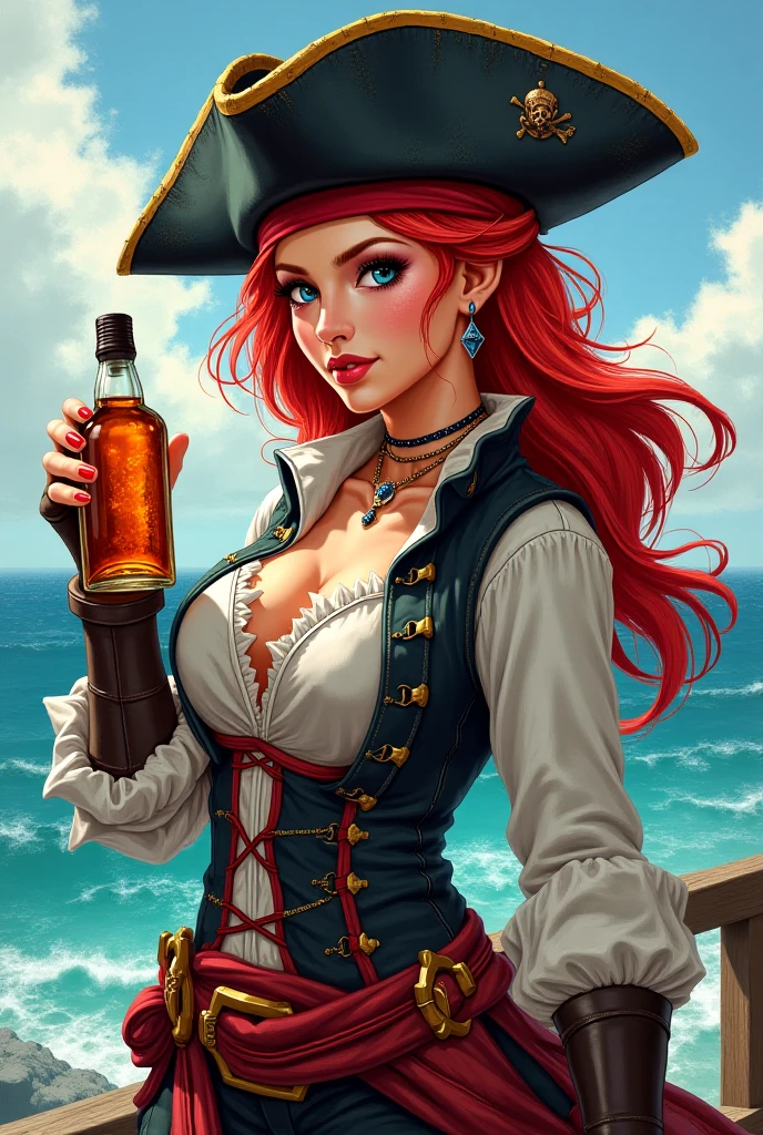 Manga pirate woman with a bottle on a ship 
