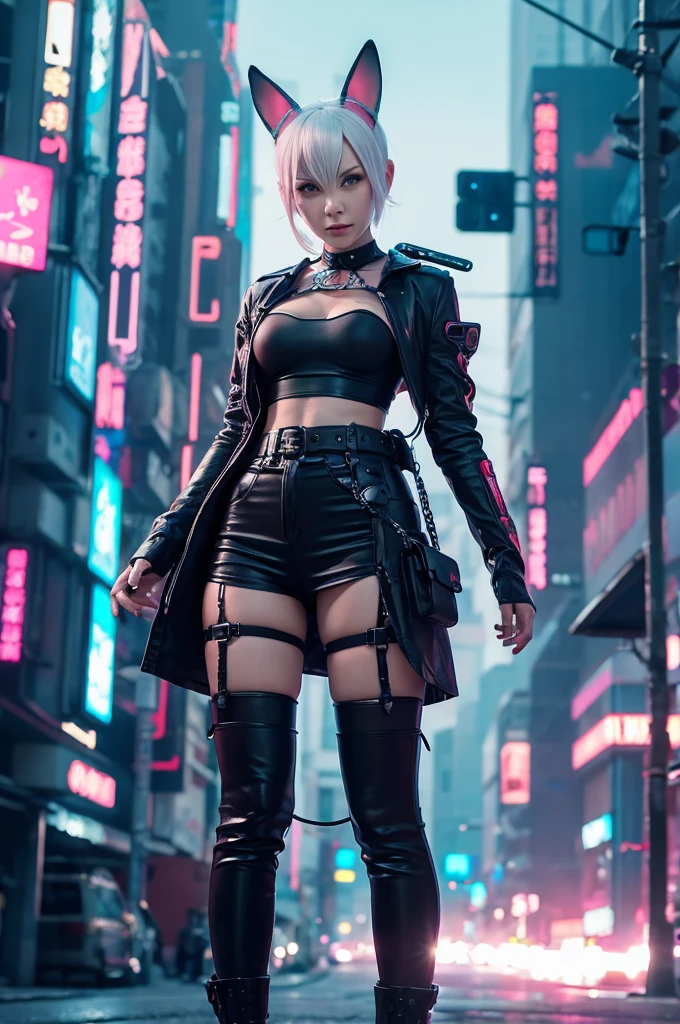 1 girl, solo, Youmu Konpaku, touhou, masterpiece, green eyeliner, silver hair, blue eyes, alternate costume, bomber jacket,  leather pants, green skirt, punk boots, cyberpunk art style, cyberpunk cityscape, wide shot