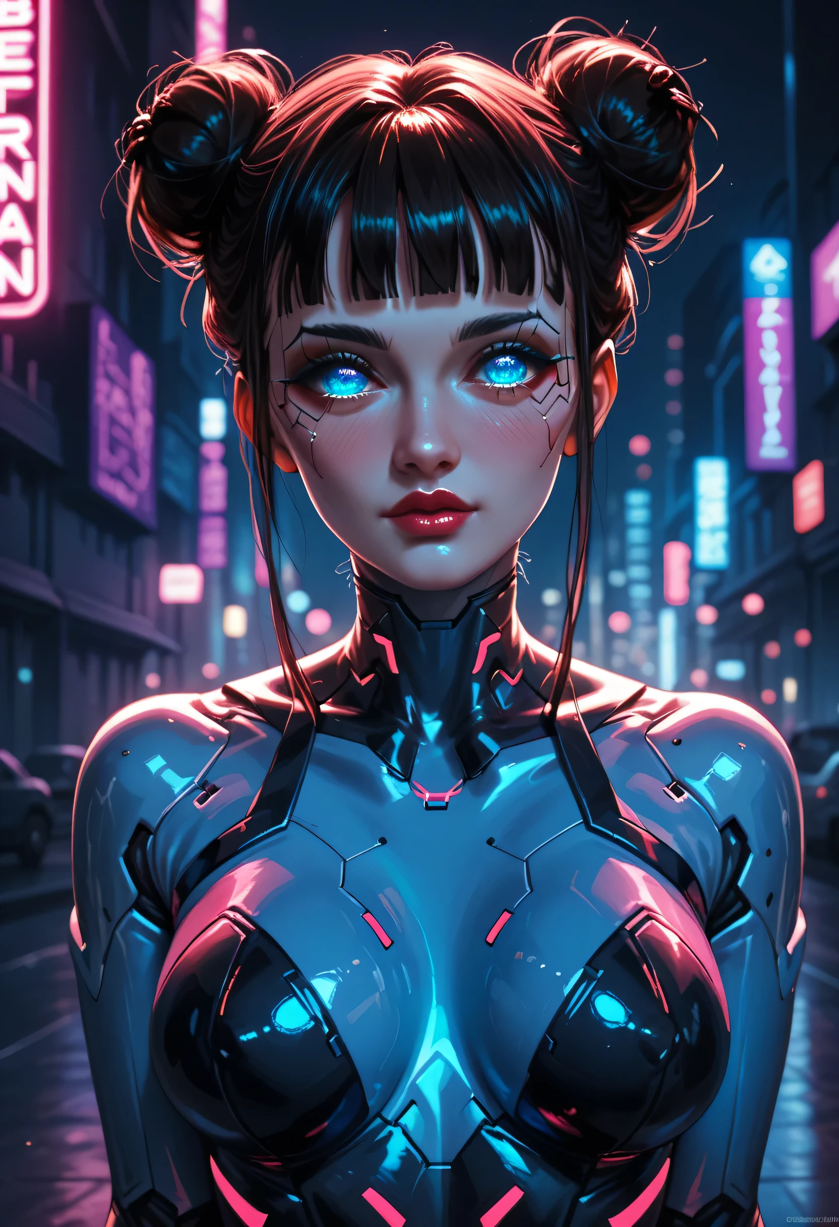 neon light in city, black bun kont top, black thin eyebrows, big glowing blue eyes, pink blush, bright red thick lipstick, perfect face, beautiful woman, medium breasts, (detailed eyes), ((cyberpunk)), neon light bodysuit