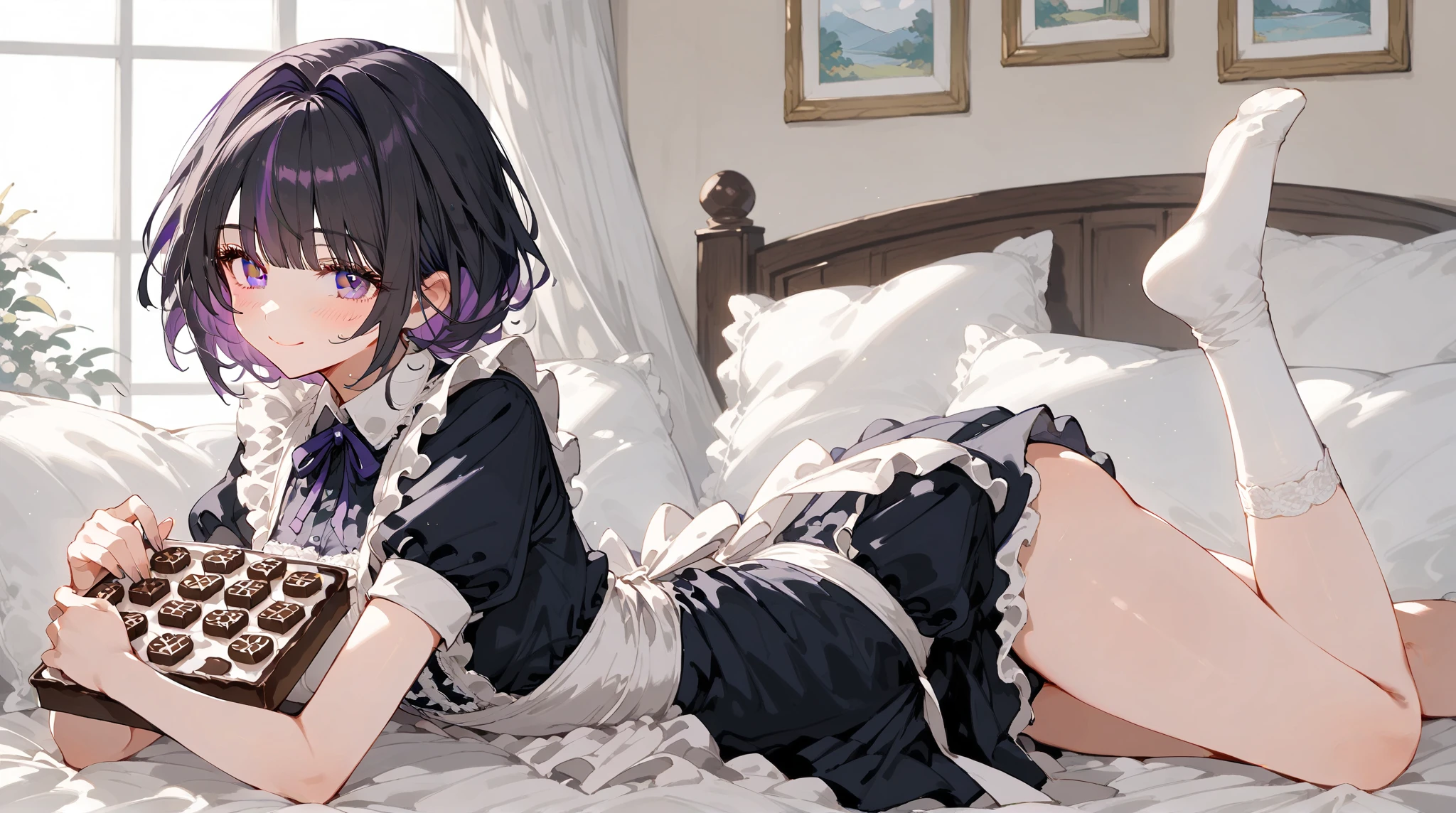 1girl , short purple hair, cute purple eyes, anime style, maid, wearing maid uniform , black and white maid uniform, detailed eyes, smiling , ultra detailed, in bed, moderate chest , high res, perfect pic, 8K, masterpiece, looking at viewer