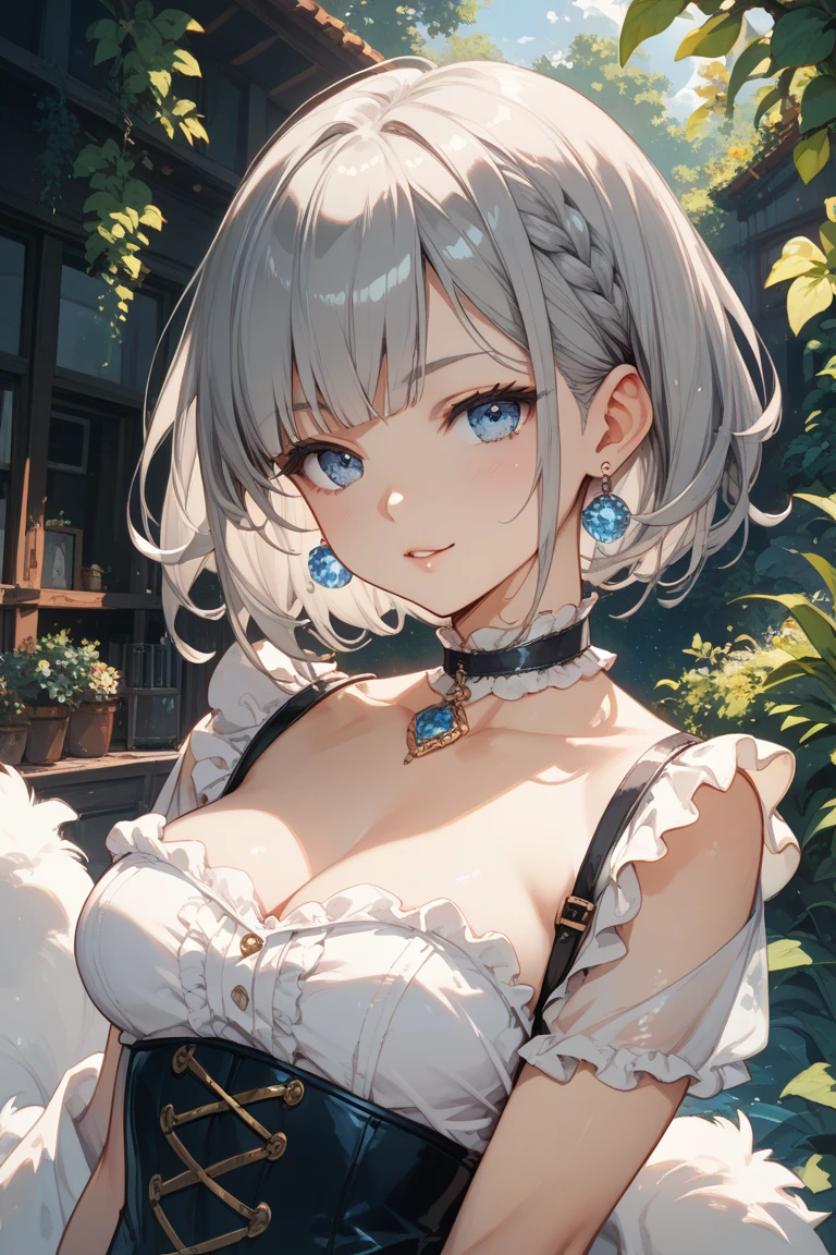 ((high quality)),table top,(Detailed depiction of local details:1.2),1 girl,blue eyes,big and full breasts、cleavage、,closed mouth,eyelash,looking at the viewer,portrait,alone,Upper body,gray hair,white theme,short hair,silver hair,Yoruhano. 2 Type B,NSFW,