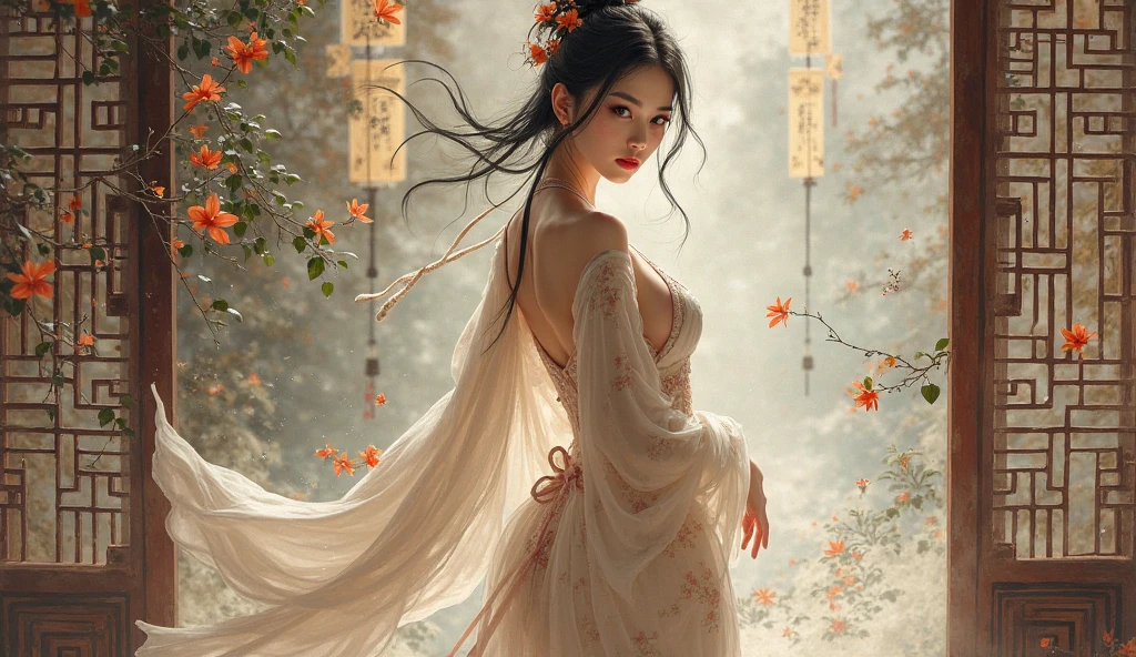 Gentle and charming Chinese beauty, Half-length photo, Exquisite and sexy clavicle, Charming oval face, Double eyelids, Lively peach blossom eyes, Pink lips, Small nose, Bare shoulders, focused face, Close-up of face, Ultra HD, Super Detail, elegant standing posture, Ultra-thin light-transmitting wet yarn