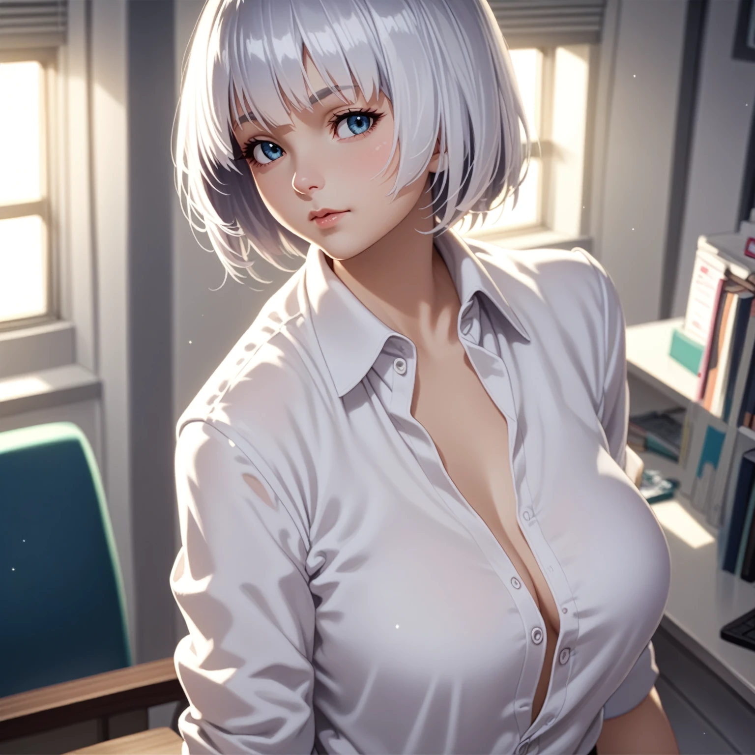 silver hair,bob cut hair,show off pussy,((show off breasts)),gigantic breasts,(nurse),orgasm,(cum),sexual climaxes ,((fellatio)),((handjob)),a boy,hospital