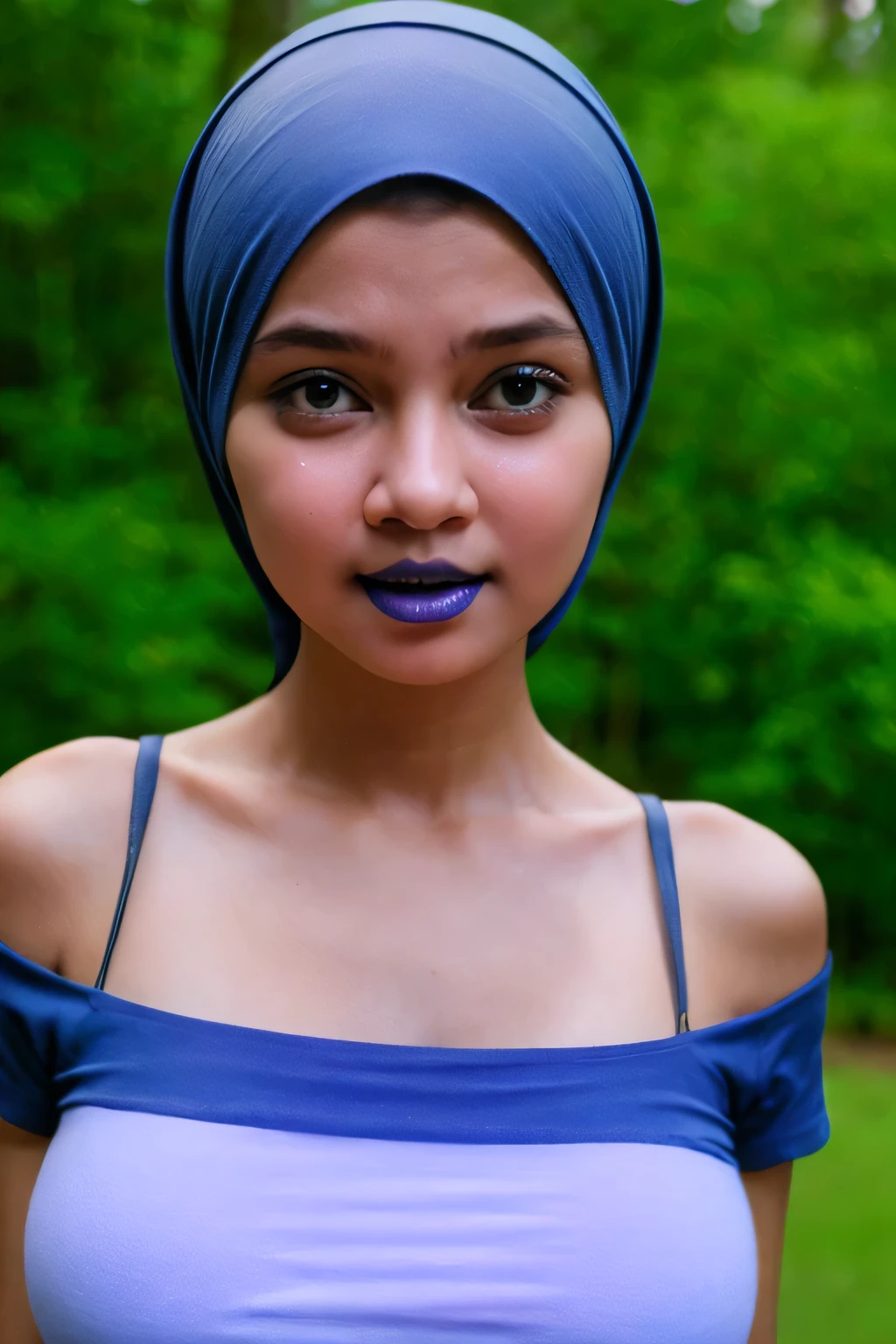UHD quality, Skinny, green (fluorescence) Strapless Jumbo (Fatty), adorable, (1 girl), (face to face), , baby face, sad, half body portrait, (face details: 1), (eye details: 1), ((big breasts Solid:1.54)). wearing translucent (transparent) transparency (soft short t-shirt cropped) , hijab, .. Cute posed. proportional body. Ultra High Res. realistic: 1.4, UHD, view from side seductive pose, (viddinillah:1.3), (Dark Blue Lipstick:1.2), (very details crying sad face expressions:1.0) LITTLE SMALL GIRLS, LITTLE SMALL GIRLS, LITTLE SMALL GIRLS, (black tone skin:1.1) 