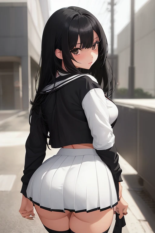 4K,teens girl,beauitful face,Long black hair,Black eyes,ssmile,mediuml breasts,white  skirt,white stockings,high-heels,full bodyesbian,On the street,Turn around slightly,The edges are illuminated