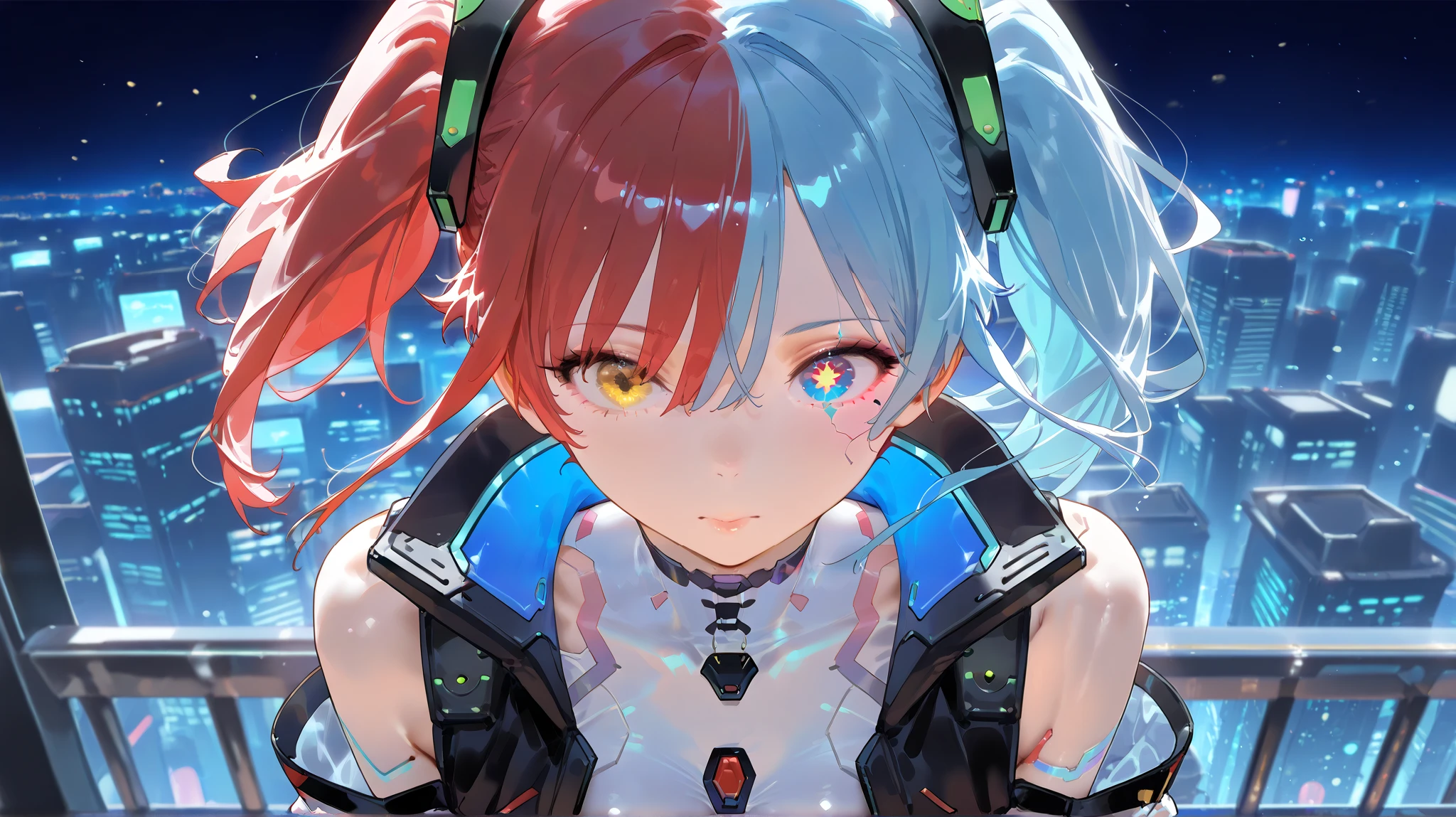 (masterpiece:1.3), (Best Cinematic Quality:1.2), (Extremely detailed settings:1), (soft+Artistic Lighting), (1 boy), short blue haired, (eye+Yellow+red:1.4), (multicolored eye+heterochromia),  wearing cyberpunk clothes,  future, Technical, Cityscape (Around the robot)0.4], Producing a dramatic view.