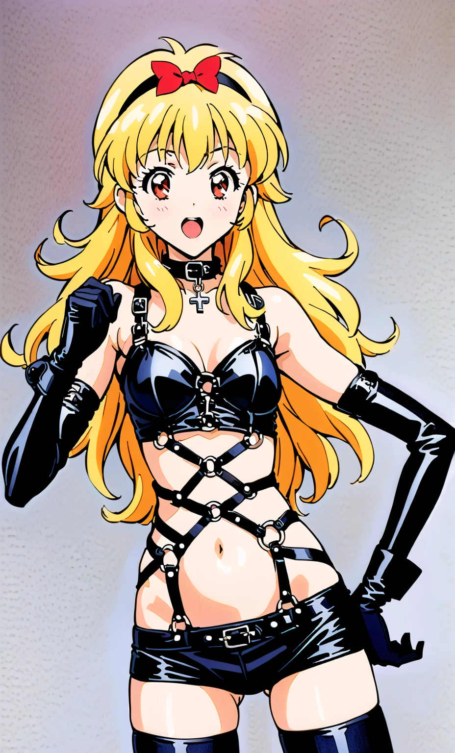 do-s, solo, blonde, hair flower, colored sclera, bondage harness, asymmetrical gloves, mask, cowboy shot, white background