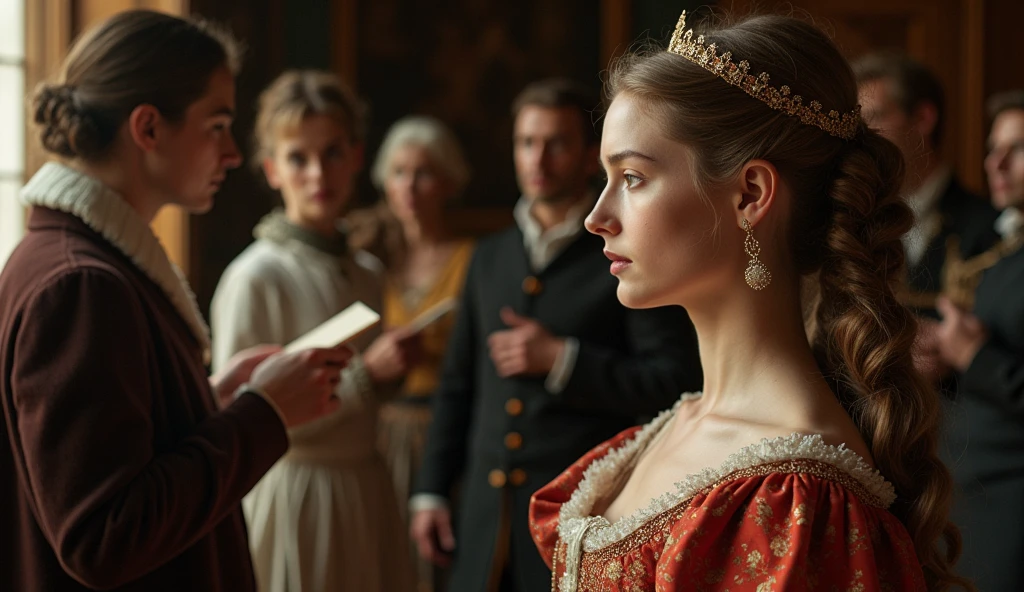 A woman with a crown signing her marriage contract