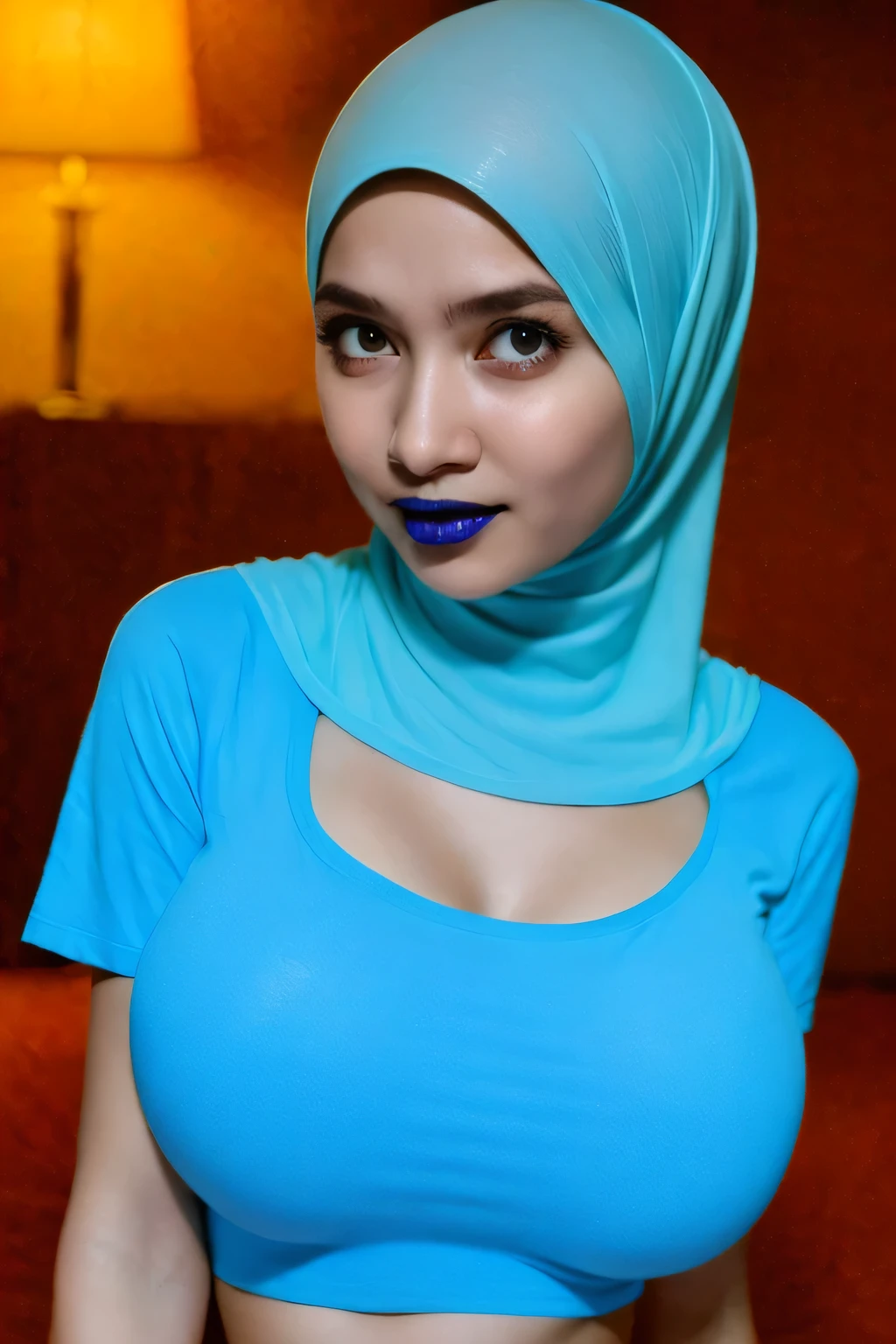 UHD quality, Skinny, green (fluorescence) Strapless Jumbo (Fatty), adorable, (1 girl), (face to face), , baby face, sad, half body portrait, (face details: 1), (eye details: 1), ((big breasts Solid:1.54)). wearing translucent (transparent) transparency (soft short t-shirt cropped) , hijab, .. Cute posed. proportional body. Ultra High Res. realistic: 1.4, UHD, view from side seductive pose, (viddinillah:1.3), (Dark Blue Lipstick:1.2), (very details crying sad face expressions:1.0) LITTLE SMALL GIRLS, LITTLE SMALL GIRLS, LITTLE SMALL GIRLS, (black tone skin:1.1)