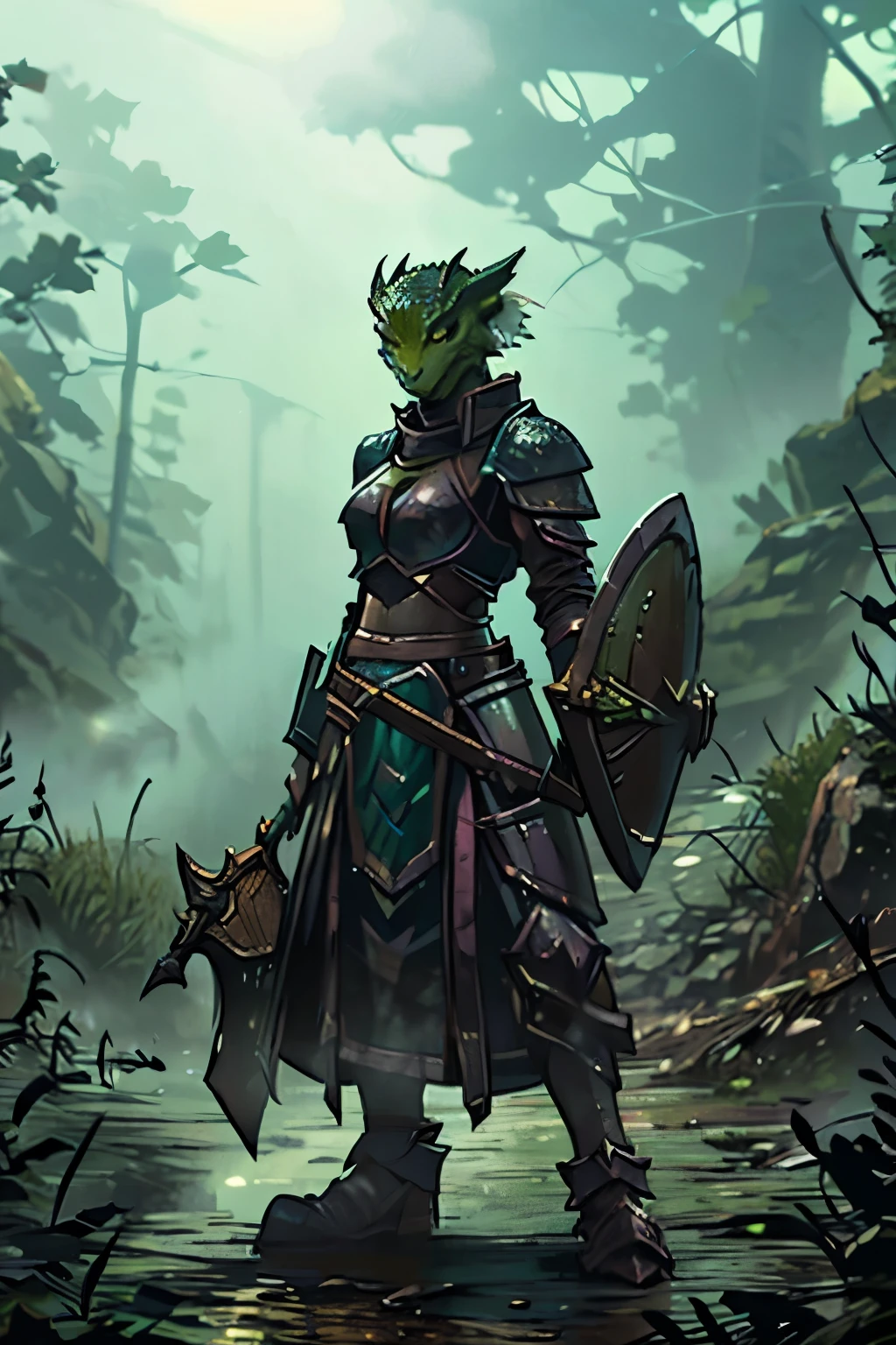 Green female dragonborn knight in heavy armor with an axe and shield standing in a poison fog.