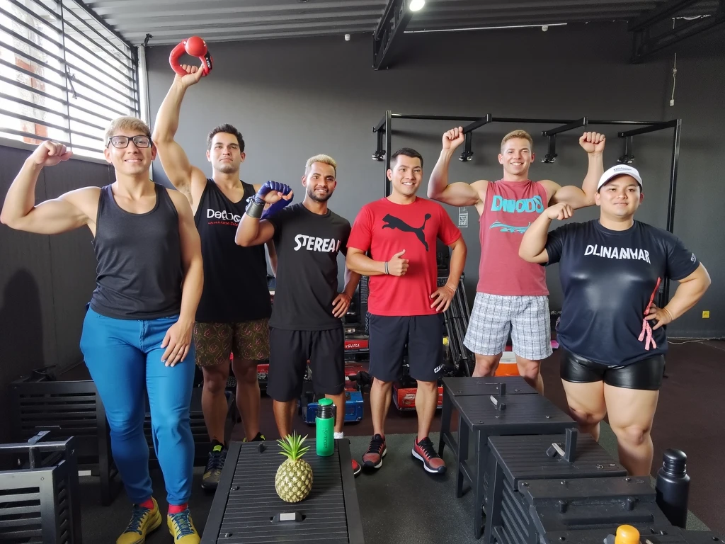 Grupo de pessoas posando para uma foto em uma academia, Crossfit, atletic, musculoso, corpo inteiro, disney pixar