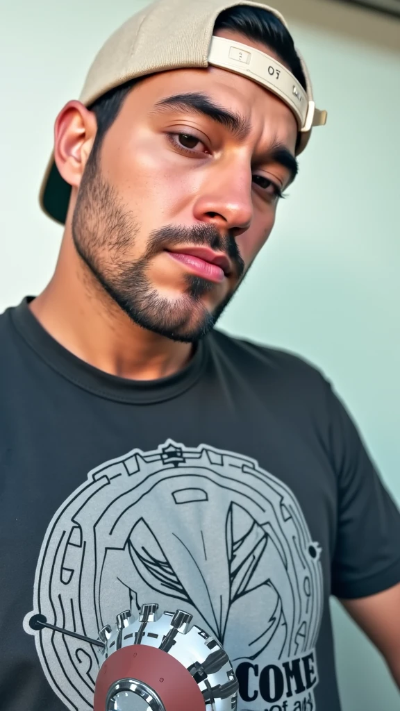 Homem de camisa preta com caveira, usando roupas netrunner, imagem frontal, esoteric clothes, master part, melhor qualidade, (fotorrealista:1.4), 8k, Foto RAW, Ultra Highres, olhos e rosto extremamente detalhados, extremamente detalhado, absurdos, profissional, peitos grandw, Olhando para o Viewer, moda, ao ar livre, anime, deixe os dois olhos redondos