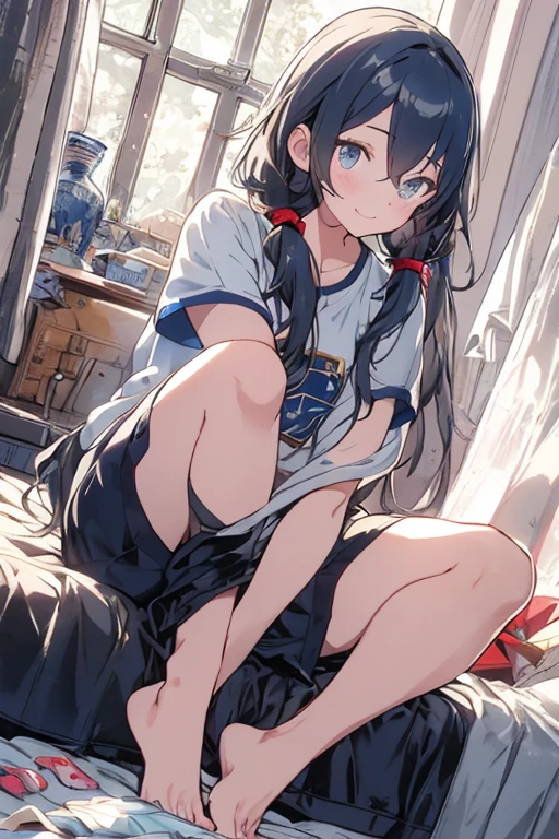 masterpiece, ultra quality, ultra sharp, ultra detailed, 1girl, solo, (((good anatomy))), haduki kurumi, (tattered torn dripping wet white gym shirt), navy gym pants, animal ears, randoseru, name tag, Japanese anime pose, laugh, BurumaShorts, Buruma, Gym Uniform, (((lying:1.4, spread_legs, legspread, split_legs)), (randoseru backpack:1.4), (smirk smile), buruma, blue buruma, black buruma, (cameltoe), (tattered torn short sleeve white gym uniform with colored hem), (tiny nipples), (white long loose socks), strong lighting, legspread, bukkake, cum on clothes, cum on legs, cum on buruma, cum on bloomers,