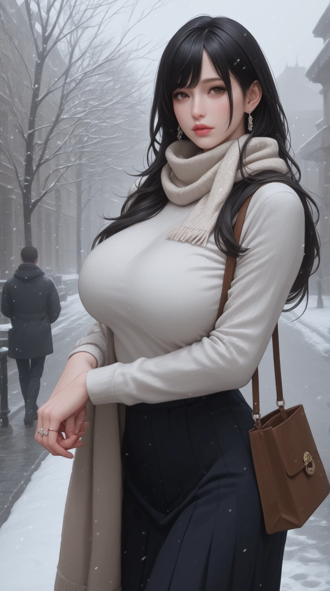 Winter ,milf, flirting with pov, devious eyes, posing, eyes, cougar, seductress, cheating milf, short milf,sexual wear, curvy, beautiful face,light makeup,sexy winter clothes, snow,white top , black pants,walking on snow
