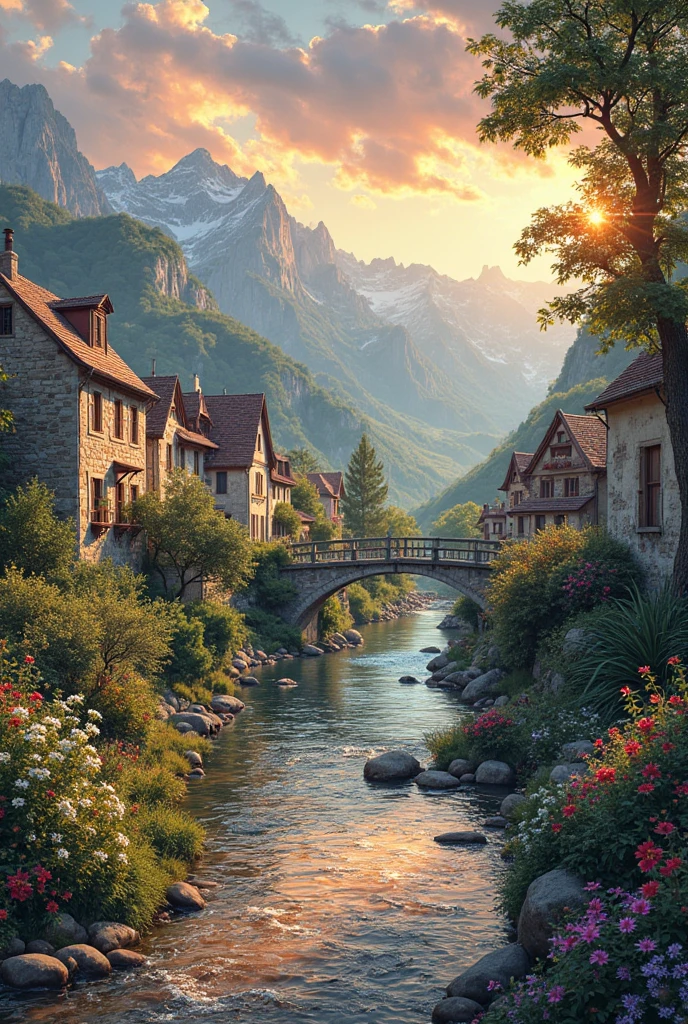 A small village along the river, mountains in the background - SeaArt AI