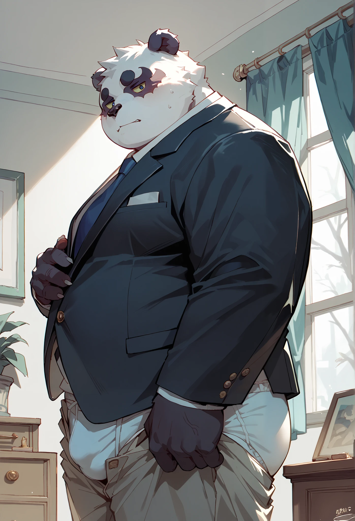 anime style, vertical drawing style , chubby , male,panda, suit pants ,white underwear,Open the pant chain,for a cool look, in the room,Afternoon