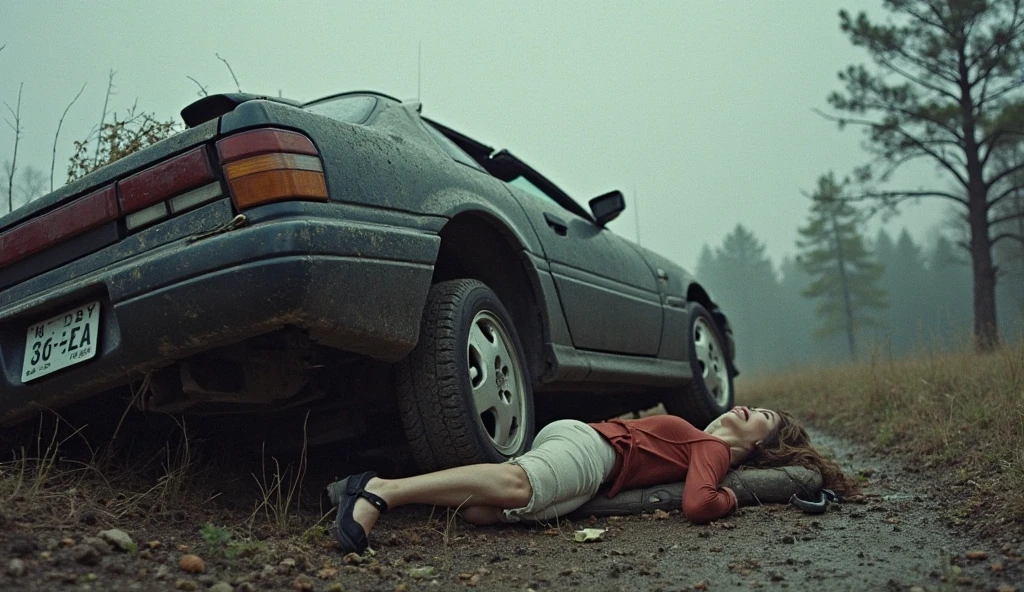 American woman, about 30 years old, white skin, shapely body, big breasts, long blonde hair, wearing a red bra, white short skirt, leaning on the ground with her hands on the ground, her feet on the car, confused. Scene in front of a suburban house in America.