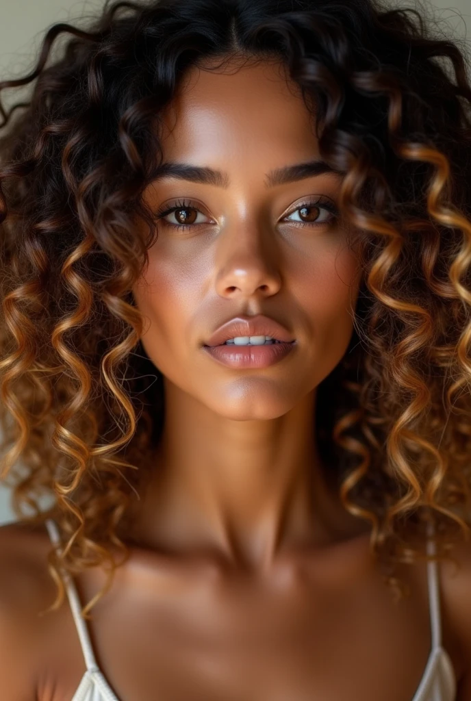 1 beautiful curly hair, dark/black skin tone, brazilian charisma, sensuality, (best quality,4k,8k,highres,masterpiece:1.2),ultra-detailed,(realistic,photorealistic,photo-realistic:1.37),HDR,UHD,studio lighting,ultra-fine painting,sharp focus,physically-based rendering,extreme detail description,professional,vivid colors,bokeh,portrait,digital art,highly detailed face, striking gaze, luscious lips, elegant pose, warm natural lighting, rich color palette