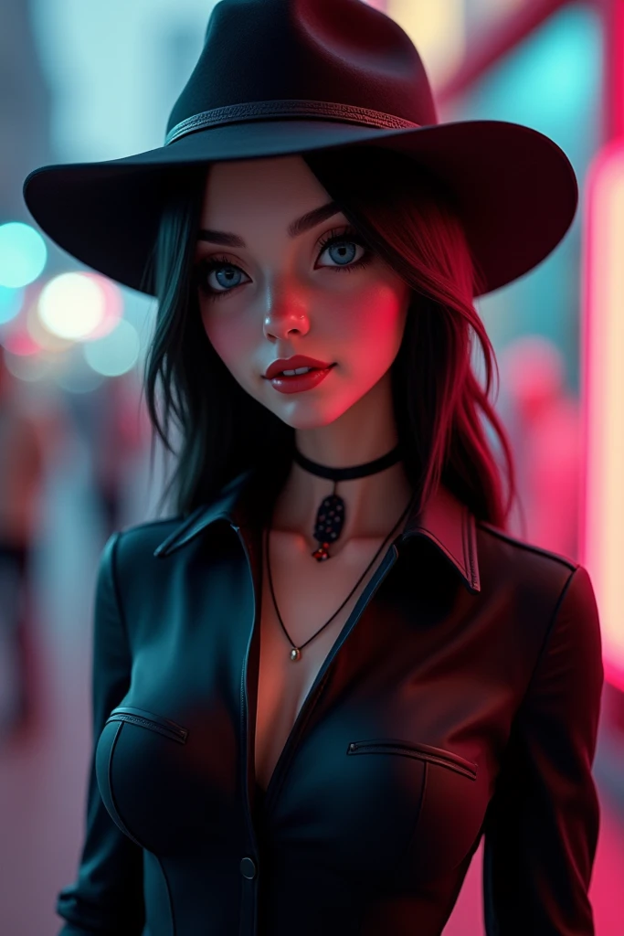 A Disney pixar inspired movie post with title the scene should be in the distinct digital art style vibration colors, and detailed texturas that are characteristc of the is animayions with she is a 31 year old woman who wears a black hat has tattoos, long black hair