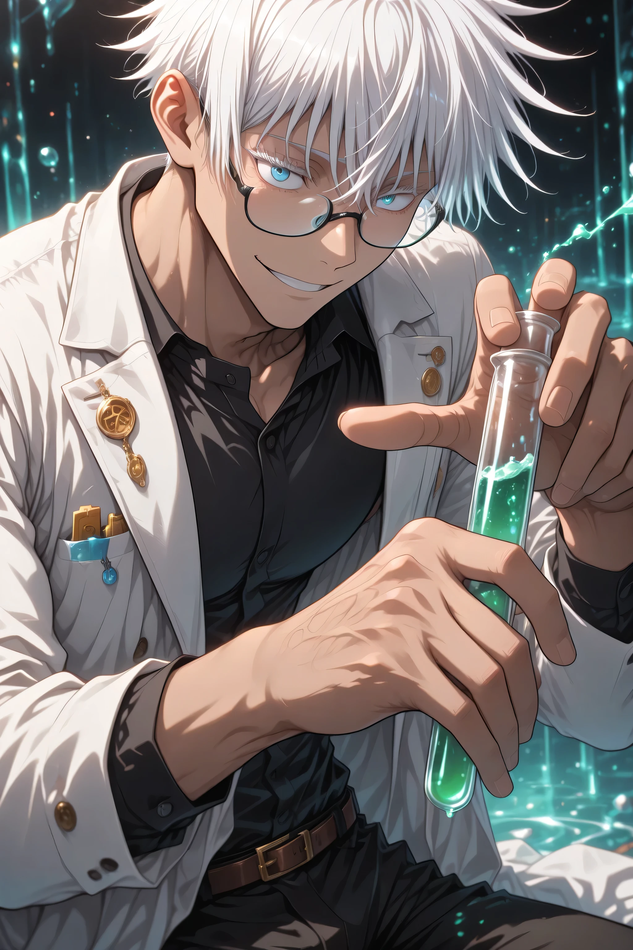 (Masterpiece, best quality), amazing quality, very aesthetic, absurd, high definition, latest, perfect anatomy, perfect hands, HDR, 8K, intrinsic light, anime reference, anime coloring, anime screen capture of jujutsu kaisen, dynamic, from front, cowboy shot, 1man, solo, male focus, gojo satoru /(jujustu kaisen/), detailed eyes, blue eyes, white hair, short hair, detailed eyelashes, white eyelashes, sexy man, handsome, glasses, professor, scientist, professors coat, long white coat, black tshirt, black pants, holding a test tube in the air, looking at the test tube, looking at the object, in the test tube a dangerous looking liquid, In a mysterious crazy laboratory, Crazy professor, crazy smile