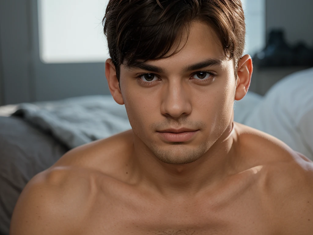 Image taken from above of a young attractive man in boxers kneeling looking directly at the camera with a sexy face and his mouth open