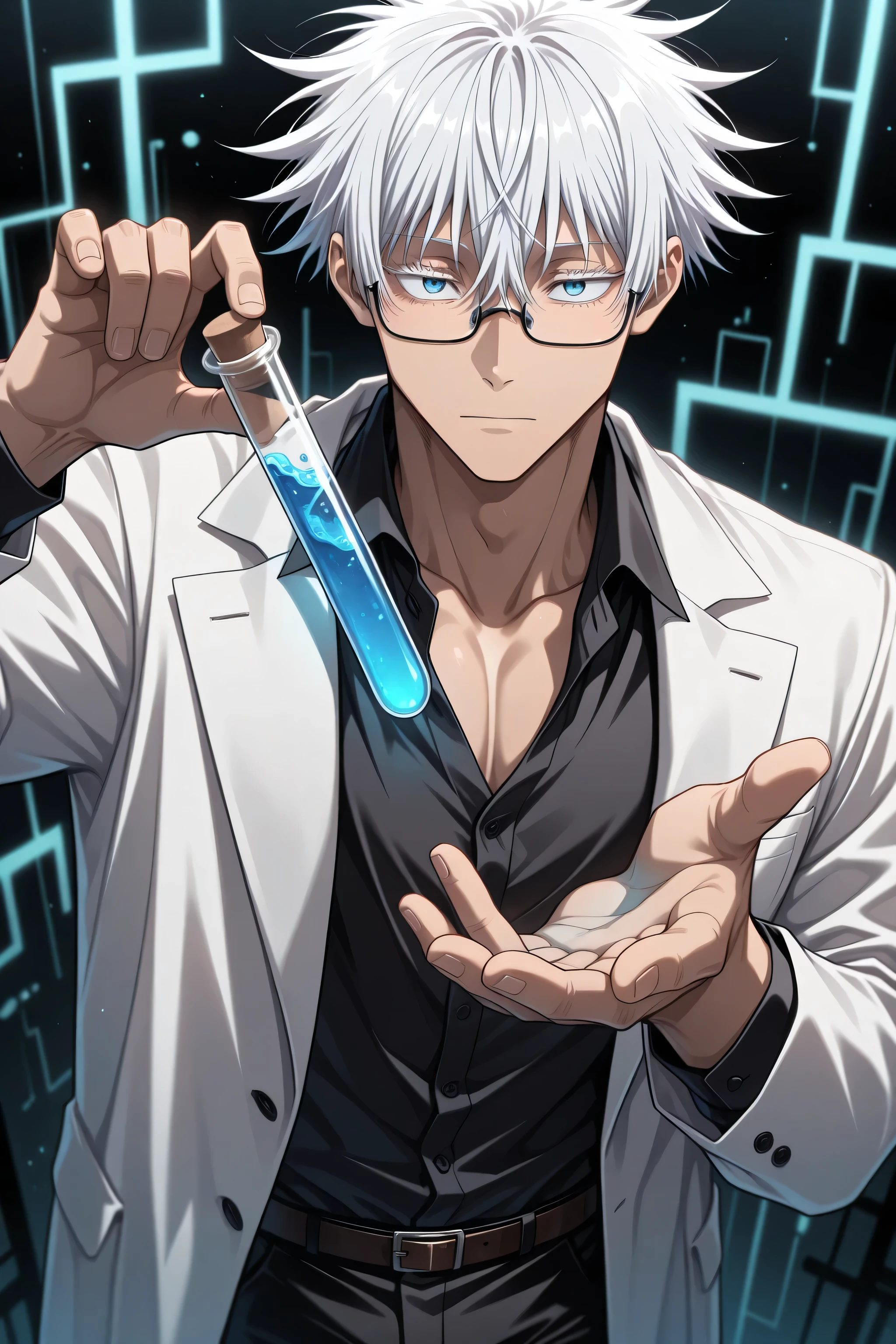 (Masterpiece, best quality), amazing quality, very aesthetic, absurd, high definition, latest, perfect anatomy, perfect hands, HDR, 8K, intrinsic light, anime reference, anime coloring, anime screen capture of jujutsu kaisen, dynamic, from front, cowboy shot, 1man, solo, male focus, gojo satoru /(jujustu kaisen/), detailed eyes, blue eyes, white hair, short hair, detailed eyelashes, white eyelashes, sexy man, handsome, glasses, professor, scientist, professors coat, long white coat, black tshirt, black pants, holding a test tube in the air, looking at the test tube, looking at the object, Holds test tube up to the light, looks upwards, in the test tube a dangerous looking liquid, In a mysterious laboratory