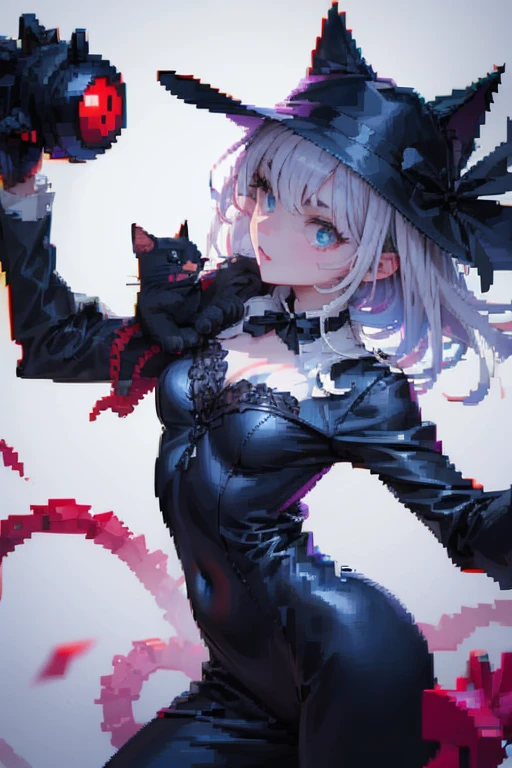 (masterpiece, best quality, High quality, perfect anatomy), (expressive eyes, perfect face), 1girl, grey cat ears:1.7, medium hair, grey hair:1.6, pixie cut, big eyes, perfect eyes, blue eyes, thick eyelashes, thin eyebrow, short height, slim bulid, smile, open mouth, (cat fangs:1.6), blush, medium breasts, halloween cape, violet witch long dress, (cat paws gloves:1.6), black stockings, standing, cat paw pose, portrait, view from front:1.5, ((inside subway station, halloween)), face_focus, looking at the camera,