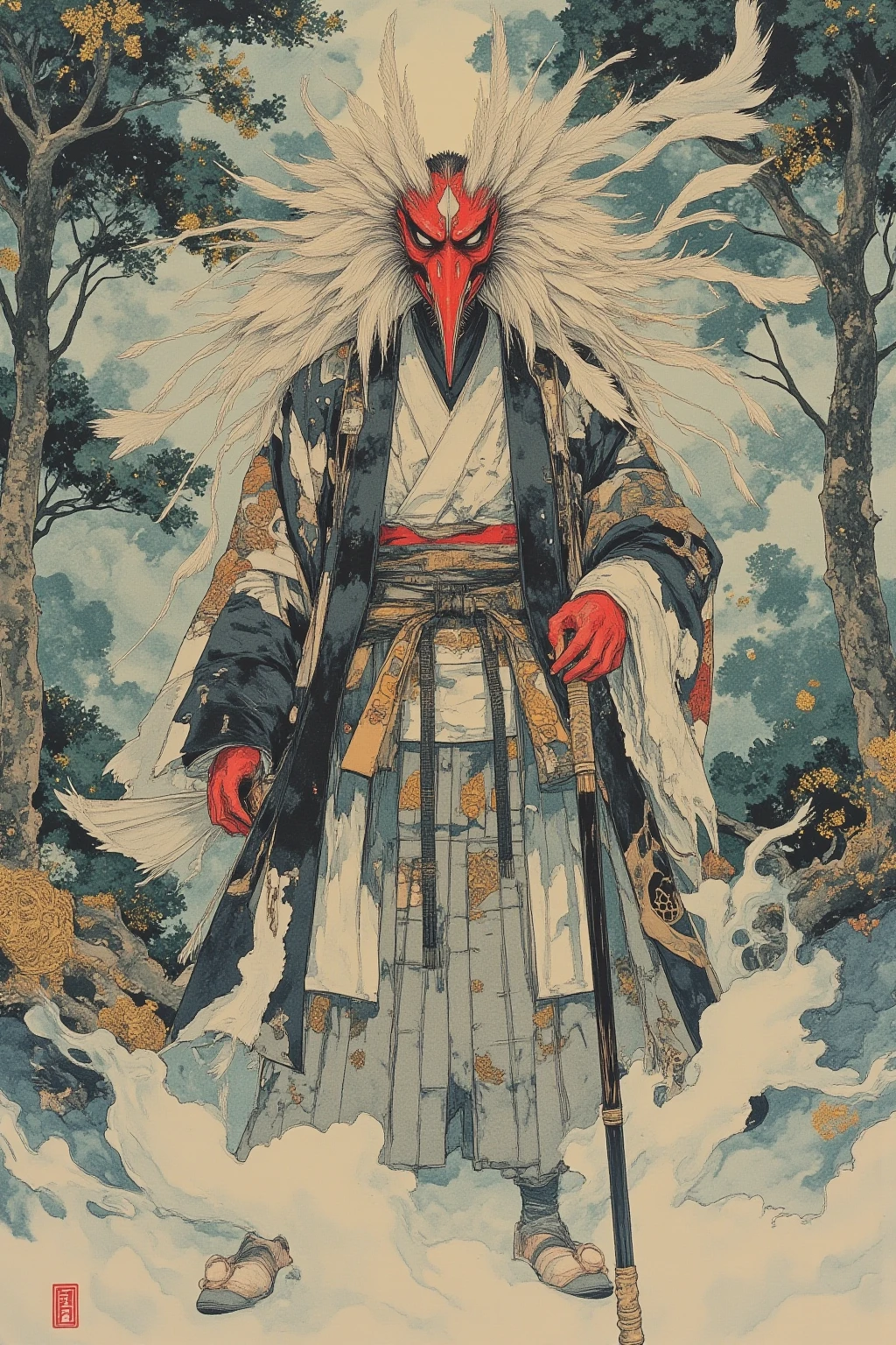 Tengu standing in Iwaza,red face,Long Nose,expression representing dignity, wearing a black and white hakama,Draw a coat,fan（feather fan）and hold a cane,High Geta,misty forest background,characterize with a modern arrangement, Surreal Collage ,overall soft tones based on blue-gray and green,use white or light blue for fog,create a fantastic atmosphere,gold and vermilion decoration, a contemporary artistic コラージュ,collage art work, new album jacket,great job!!, digital collage ,collage art , contemporary collage,mixed media collage , high image quality , surreal style ,Asymmetric,visualization of the inner world of crazy minds,details down to the smallest detail, Hidden Details ,Radical Japanese Anime,anime ukiyo-e style