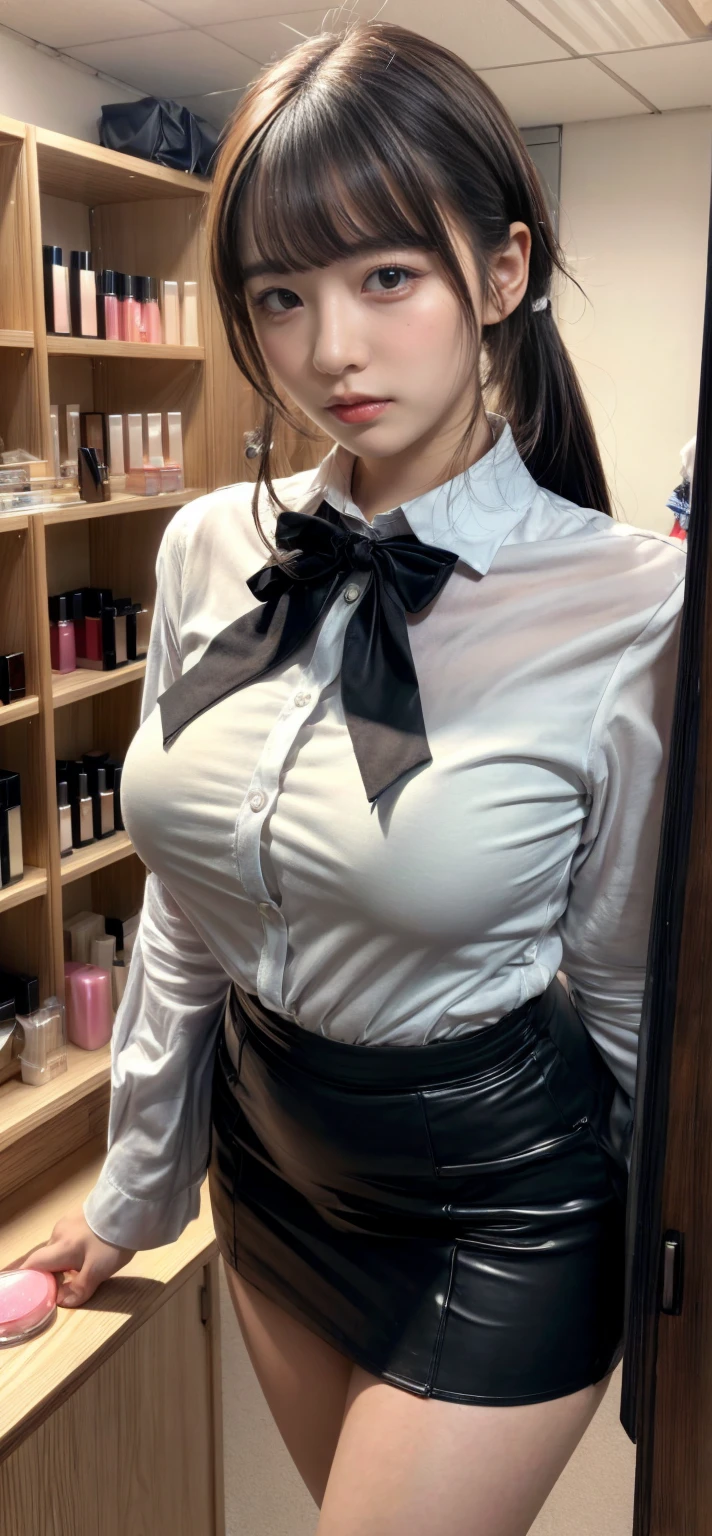 1girls, Female teacher，Delicate and beautiful face, get  blush, Purple pupils，red tinted hair，long haired，Gemstone earrings， Plump chest，Convex buttocks，Black and white shirt，yellow bowtie，red short dress，Black lace stockings，perfectly proportioned, Detailed clothing details, schoolyard，pupils，The sunlight，Cinematic lighting, filmgrain, Fujicolor, light and darkcontrast, 8K, masterpiece, Textured skin, Super detail, high detailes, High quality, high resolusion, in swimbody suite