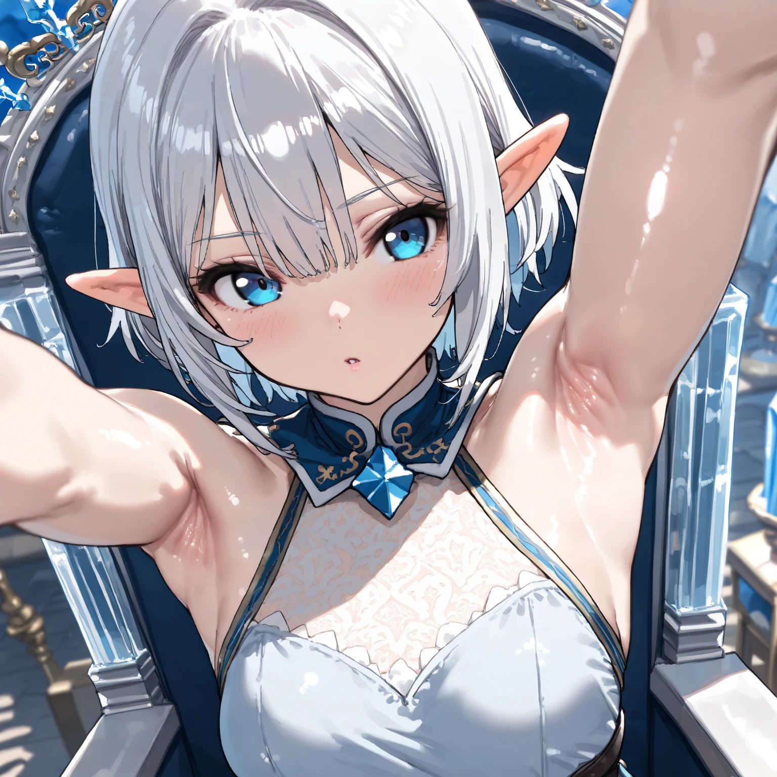 World of Warcraft style,Cute elf girl,Sit in a bright interior,slenderness,With Ultra HD details,Professional lighting and lighting。Silver short bob hair,With decoration,Tall and sexy,Delicate stockings,Sexy mature clothing,From her delicate face and hair to the sparkle in her ultra-delicate eyes,Render all,Great attention to detail。 A long-handled weapon in his hand,A pair of delicate earrings,Delicate necklace,A light breeze,Highly rendered long sword,Brighter scenes,More refined facial features