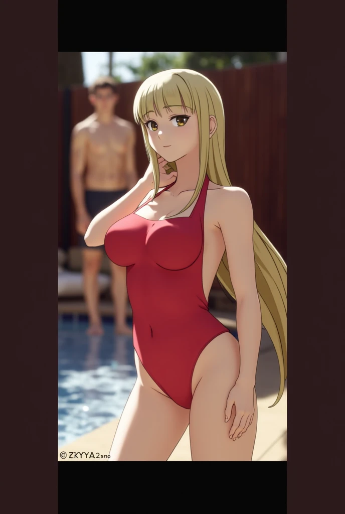 score_9,score_8_up,score_7_up,18 year old,1girl,asuna \(sao-alo\), sword art online,yuuki asuna,nsfw,brown eyes, brown hair, long hair, bangs, braid,standing,leg lift,hand on hip, holding cup,seductive-smile,blush,large breasts,brown hair,parted hair,long hair,red dress ,plunging neckline,center opening,cleavage,navel,earrings,bracelet,pool ,people,multiple boys,