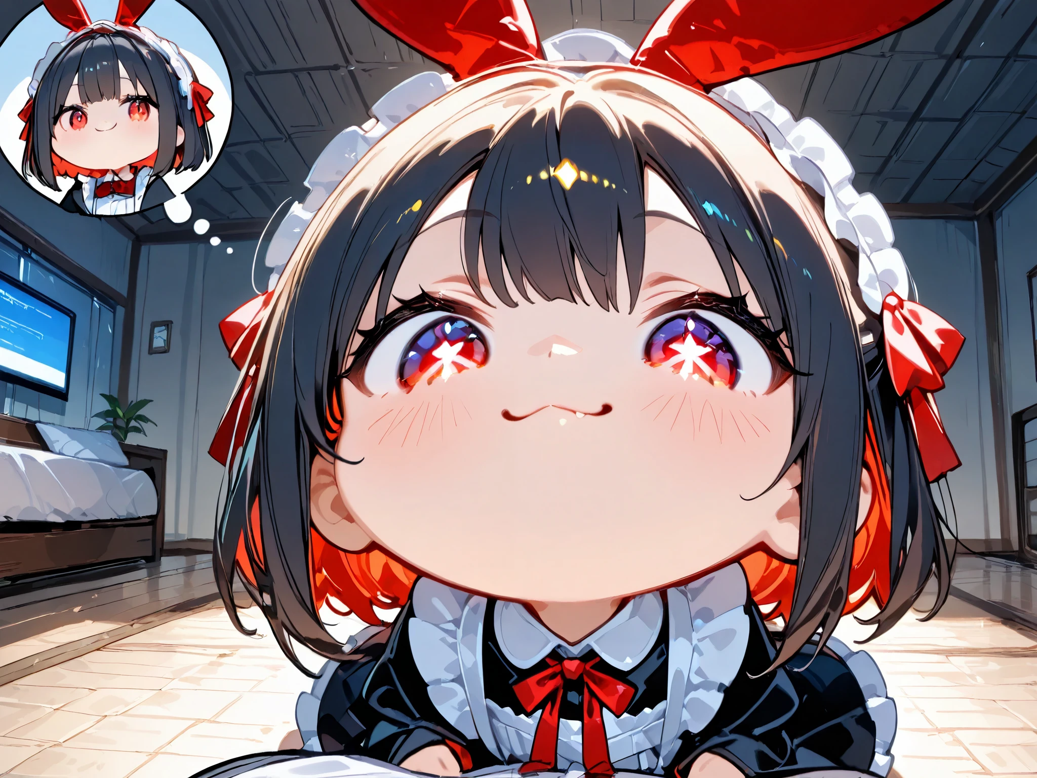 masterpiece, best quality, ultra-detailed, chibi style, minimalistic design, A cute, simplified chibi character with a large round face, short black hair with a slight shine, and a wide, mischievous smile. The character has a pale complexion and simple, soft shading. Her eyes are drawn as thin horizontal ovals, giving her a playful and slightly smug expression. She wears two bright red, ribbon-like accessories on either side of her head, detailed with white frills and accents that add a touch of elegance to her otherwise simple design. The hair is short, with jagged ends that frame the sides of her face, and it has a glossy finish, reflecting light softly at the top. The overall style is minimalistic yet expressive, focusing on the bold, clean lines and the character's cheeky smile. The background is plain white, emphasizing the character's striking features and bold expression.BREAK, ray tracing, UHD, retina, masterpiece, accurate, anatomically correct, very aesthetic, high resolution, ultra-detailed, absurdres, detailed textures, digital painting, ultra-detailed,newest,textured skin, super detail, high details, high quality, best quality, highres, 1080P, HD, 16k