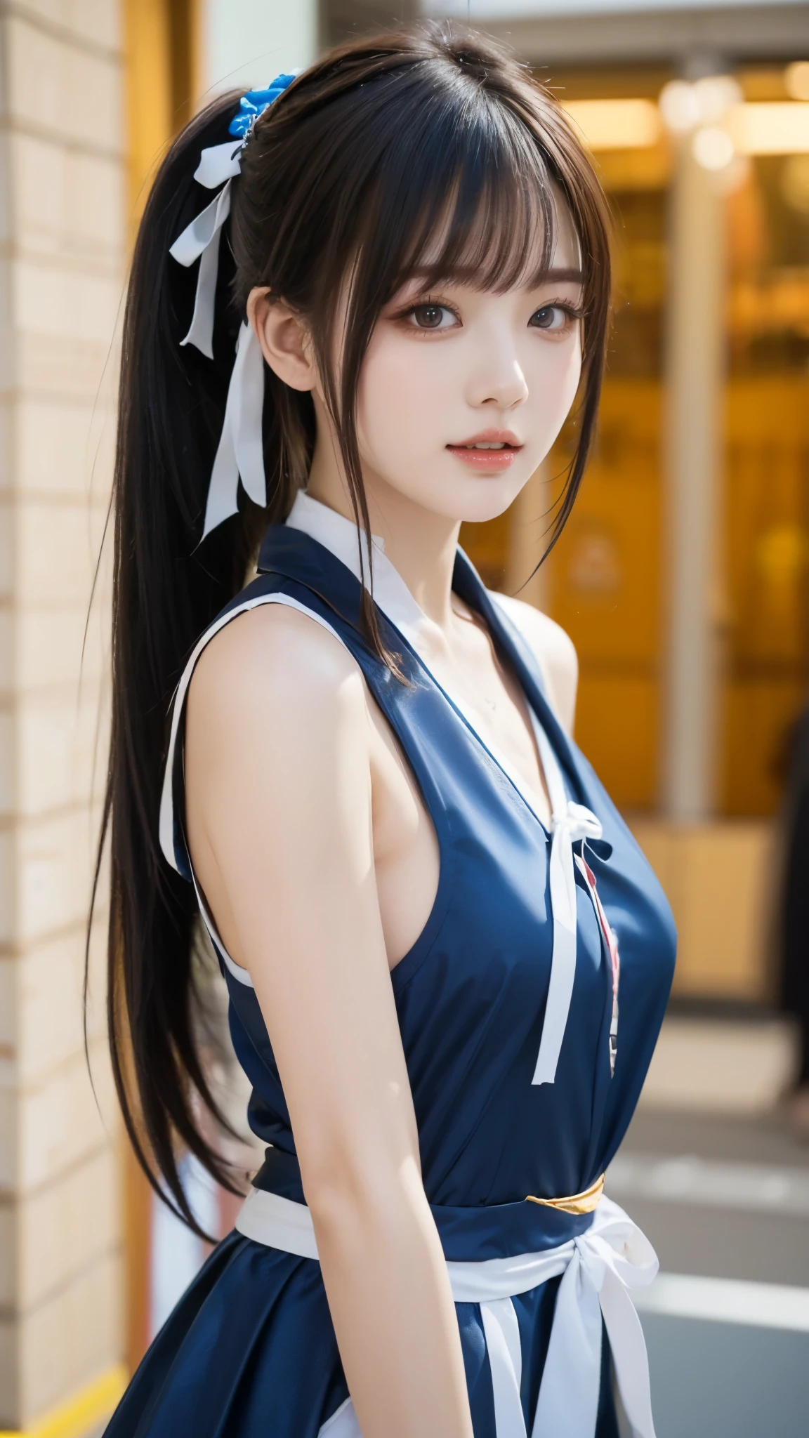 (( stylish hair :1.3)), photorealistic:1.32、best quality、ultra high definition、the most beautiful Japanese girl pictures、 CUTE AND BEAUTIFUL FACE DETAILS、Xiaoyan、(Purelos Face_v1:0.008)、美しいbungs、、Shine, fair, growing skin、((One person)), hair entangled in the face 、顔まで伸びるbungs、bungs、hair between eyes、Lower body in panties、 bright、(tight waist:1.2), 澄んだ瞳が魅力的にShine、dynamic pose、best quality、 disorganized 、((the cutest girl in the world))、Japanese、((sexy actress costume with ribbon:1.4))、(ponytail:1.3)、( ties with thin white ribbons )、cute and cute、 let me eat 、((A facial expression that tempts the opposite sex))、Chest、(Highlighted Small Breasts:1.3、Beautiful sideboob:1.3)、(cute standing pose that is making Ku:1.ide tail、brown hair、constricted、beautiful eyes in every detail、viewers、upper body、face close-up、Front Map、(detailed hands:1.3、perfect right hand:1.2), (美しいXiaoyan, High nose, Beautifully shaped lips )