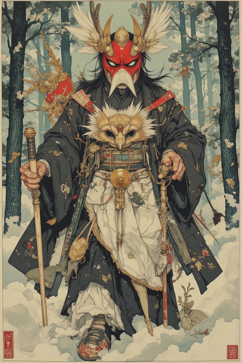 Tengu standing in Iwaza,red face,Long Nose,expression representing dignity, wearing a black and white hakama,Draw a coat,fan（feather fan）and hold a cane,High Geta,misty forest background,characterize with a modern arrangement, Surreal Collage ,overall soft tones based on blue-gray and green,use white or light blue for fog,create a fantastic atmosphere,gold and vermilion decoration, a contemporary artistic コラージュ,collage art work, new album jacket,great job!!, digital collage ,collage art , contemporary collage,mixed media collage , high image quality , surreal style ,Asymmetric,visualization of the inner world of crazy minds,details down to the smallest detail, Hidden Details ,Radical Japanese Anime,anime ukiyo-e style