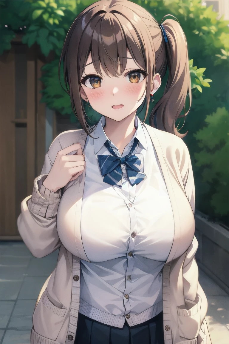 (Enormous gigantic huge breasts:1.5, nipples , ), blazer, Monika, brown ponytail hair, poolside background,