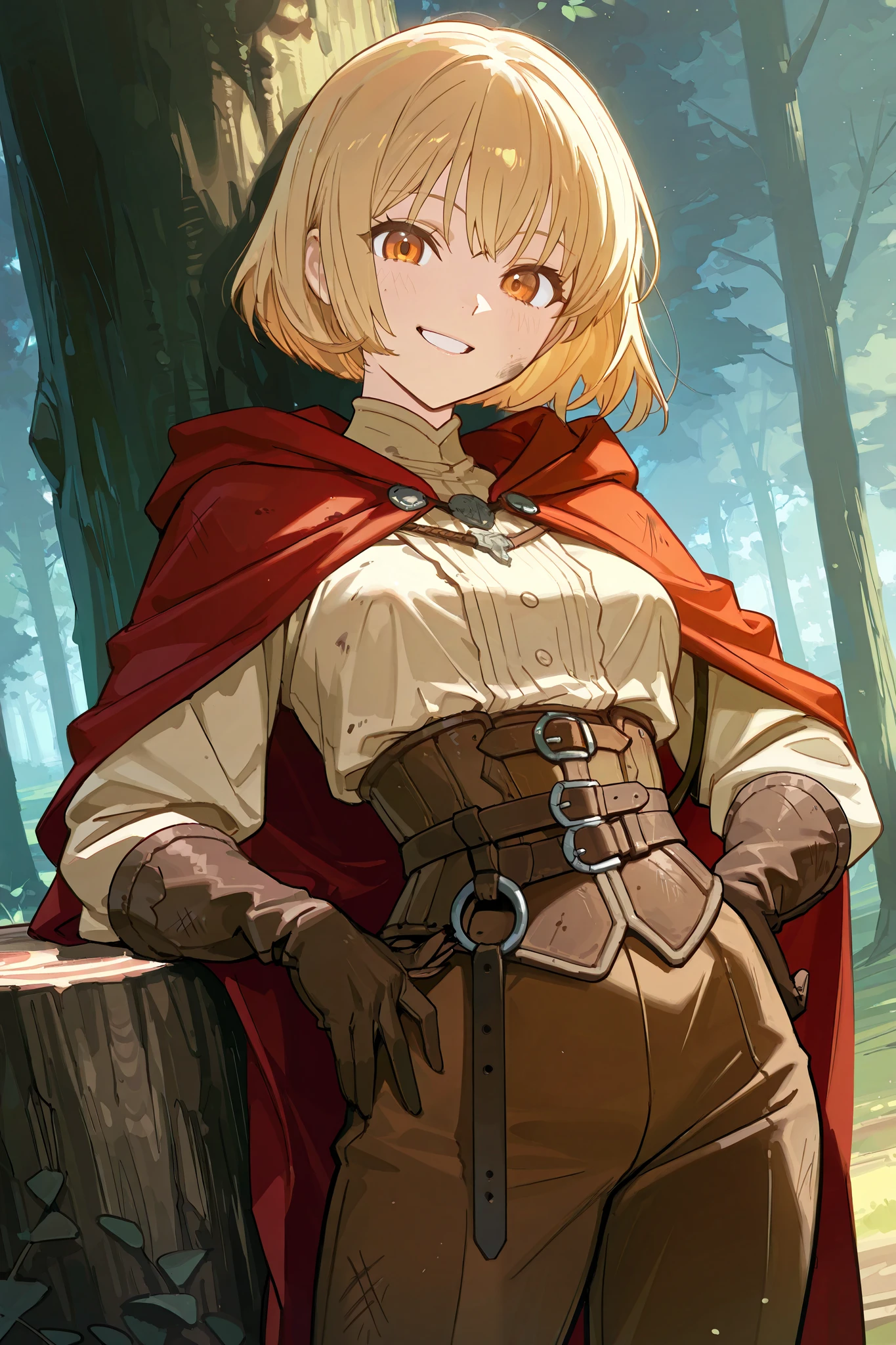 Grimdark fantasy medieval anime style, 1girl, caucasian with fair sunkissed skin and a slim body. Short stature and strong figure. Medium sized breasts. Has big amber eyes, dark-blonde hair cropped in a messy and rebellious bob cut. Wearing ruined, dirty and old outfit: (an old leather armor consisting in a chest piece, and leather gloves); loose fitting beige linen shirt and brown trousers; a long ragged reddish cloak. (happy, smiling, friendly expression). Forest background. Leaning back on a tree trunk, looking at viewer with curiosity and interest, one hand resting on her shortsword on her hip. Dutch angle shot from slightly taller POV, masterpiece, best quality, amazing quality, highres