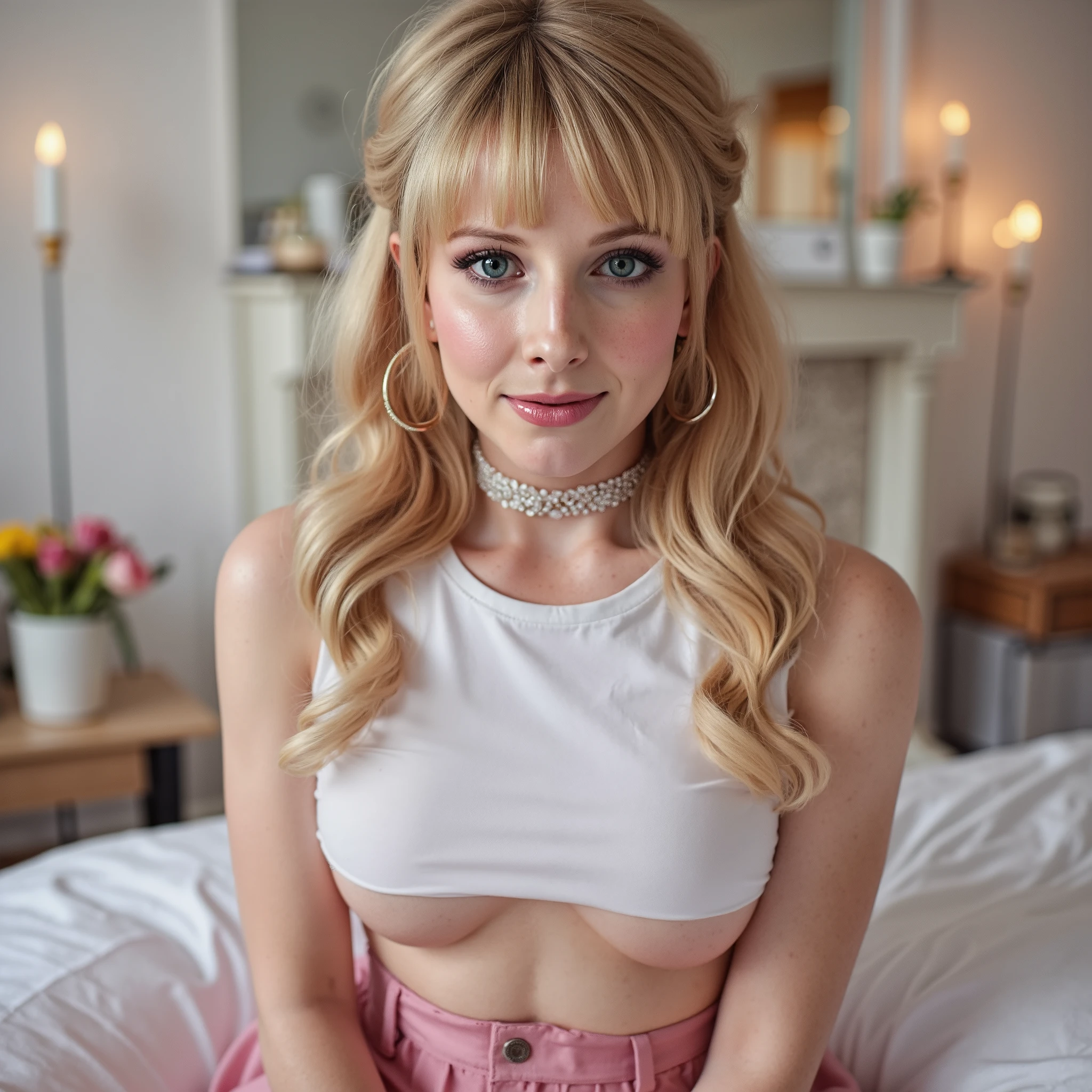 Adult woman, 1girl, sexy, pigtails, cute face, gorgeous, cute, pretty, pretty face, pale skin, freckles, blond hair, blue eyes, full shiny lips, big lips, thick lips, parted lips, light pink lipgloss, mascara, skinny thighs, petite body,(body height:140cm), big head, innocent look, underboob, pink long nails, choker, feet and heels, large hoop earrings pink plaid micro skirt, cropped white tank top, white frilly tight high stockings, black patent high heels, sweaty, Sitting in a bedroom with candles and soft worm light Colors in the room is Pink and White, perfect eyes, highly detailed beautiful expressive eyes, detailed eyes, 35mm photograph, film, professional, 4k, highly detailed dynamic lighting, photorealistic, 8k, raw, rich, intricate details,