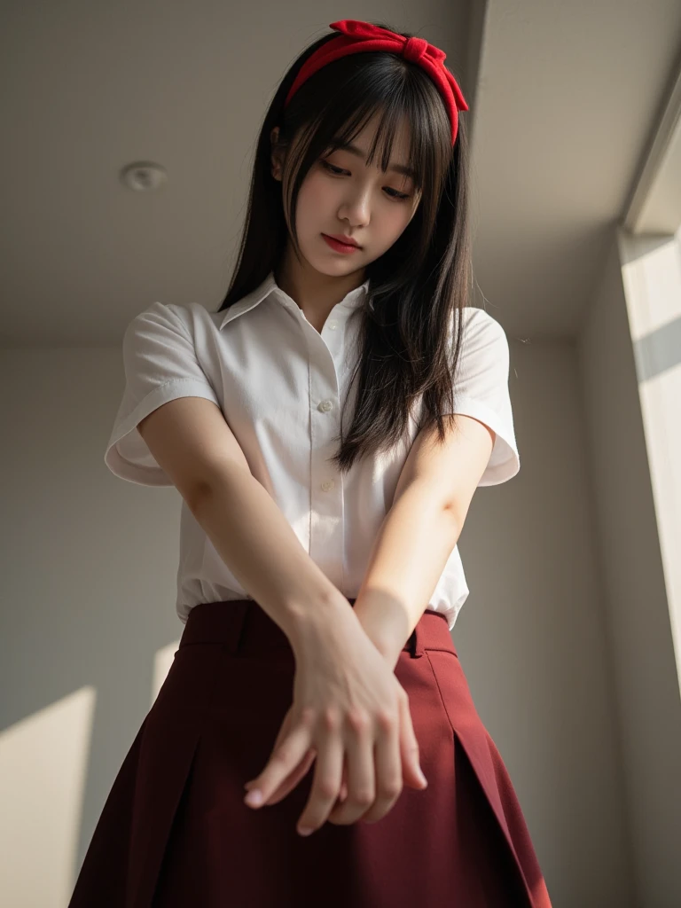 ((highest quality, masterpiece :1.3)), Photorealistic、Ultra-high resolution、Natural skin texture、Hyperrealism、Photograph from the knee up、16 year old Japanese beautiful girl、Ponytail Hair、Large breasts、White collared shirt and tie、mini skirt、Frightened expression