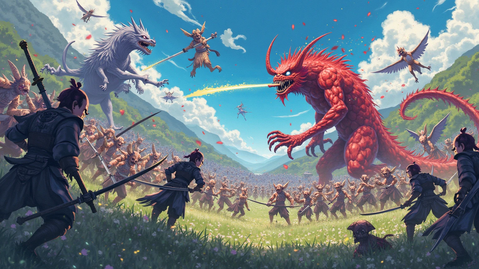 Anime-style, lots of demons, battle zone, battle demons versus samurais ...