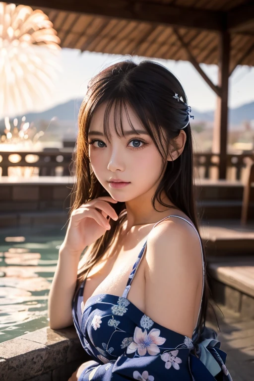 (Masterpiece, BestQuality:1.3), (ultra detailed:1.2), (hyperrealistic:1.3), (RAW photo:1.2),High detail RAW color photo, professional photograph, (Photorealistic:1.4), (realistic:1.4), ,professional lighting, (japanese), beautiful face, (realistic face), cute woman, (Big Tits:1.5), (cheerful Smile:1.35), Trending Hair&Trending Hairカラーをランダムに, earrings, necklace, bracelet, sexy, erotic sexy, Random sexy gravure poses, (Wearing a floral swimsuit、A long-haired gravure idol laughing happily by the pool:1.3)